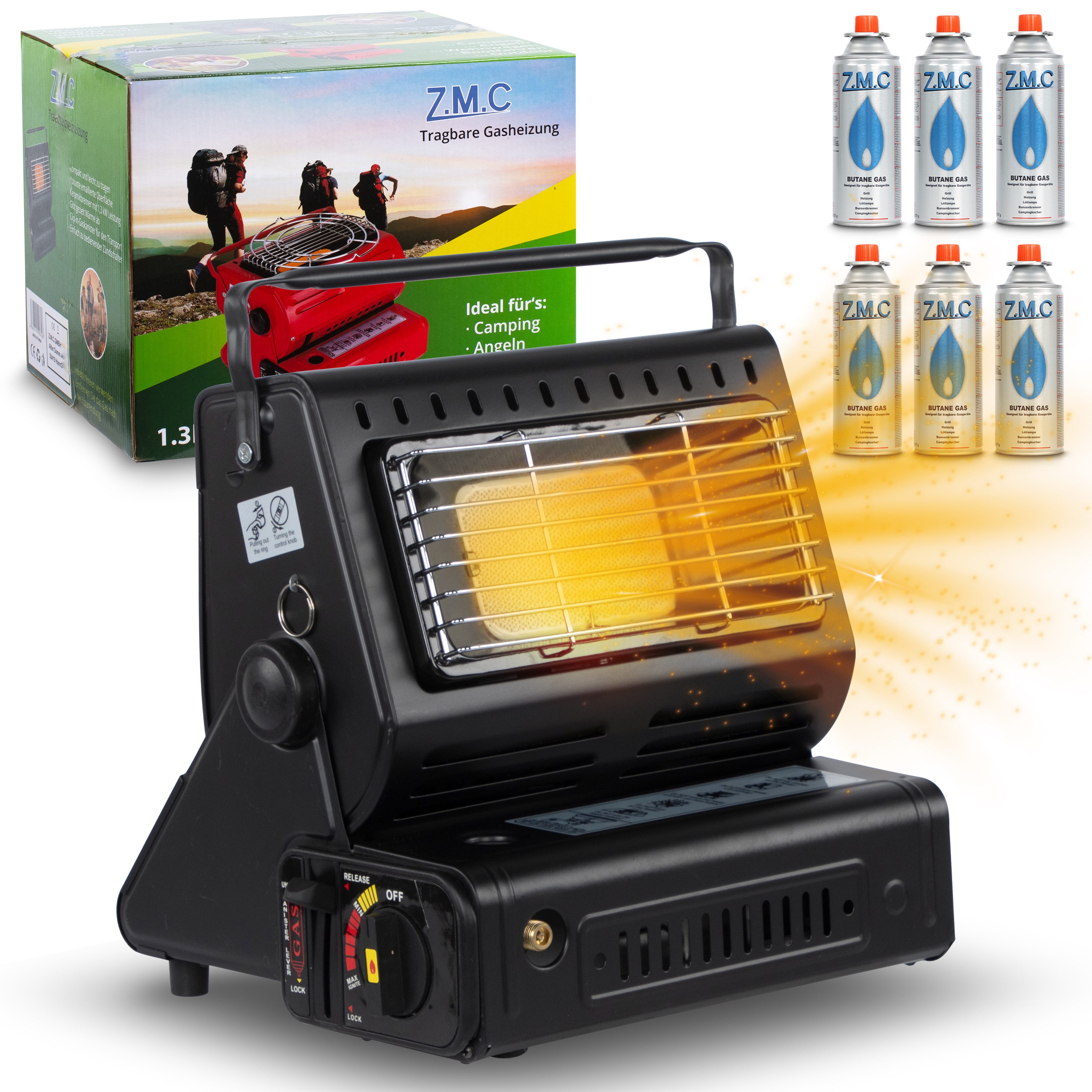 ZMC Heizstrahler 2in1 Tragbare Camping Gaskocher Gasheizung + 6x Gaskartuschen MSF-1A, 227g Camping Heizung Heizstrahler Zeltheizung Butangas Campingkocher