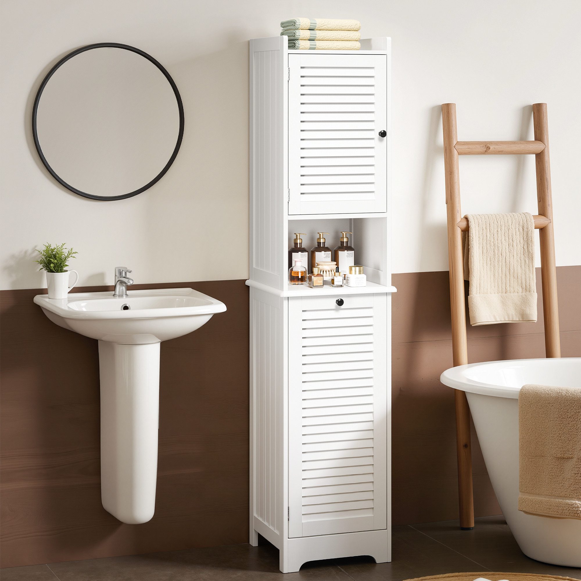 Bealife Badkommode Badezimmerschrank mit ausklappbarem Wäschekorb – Bild 3 von 5