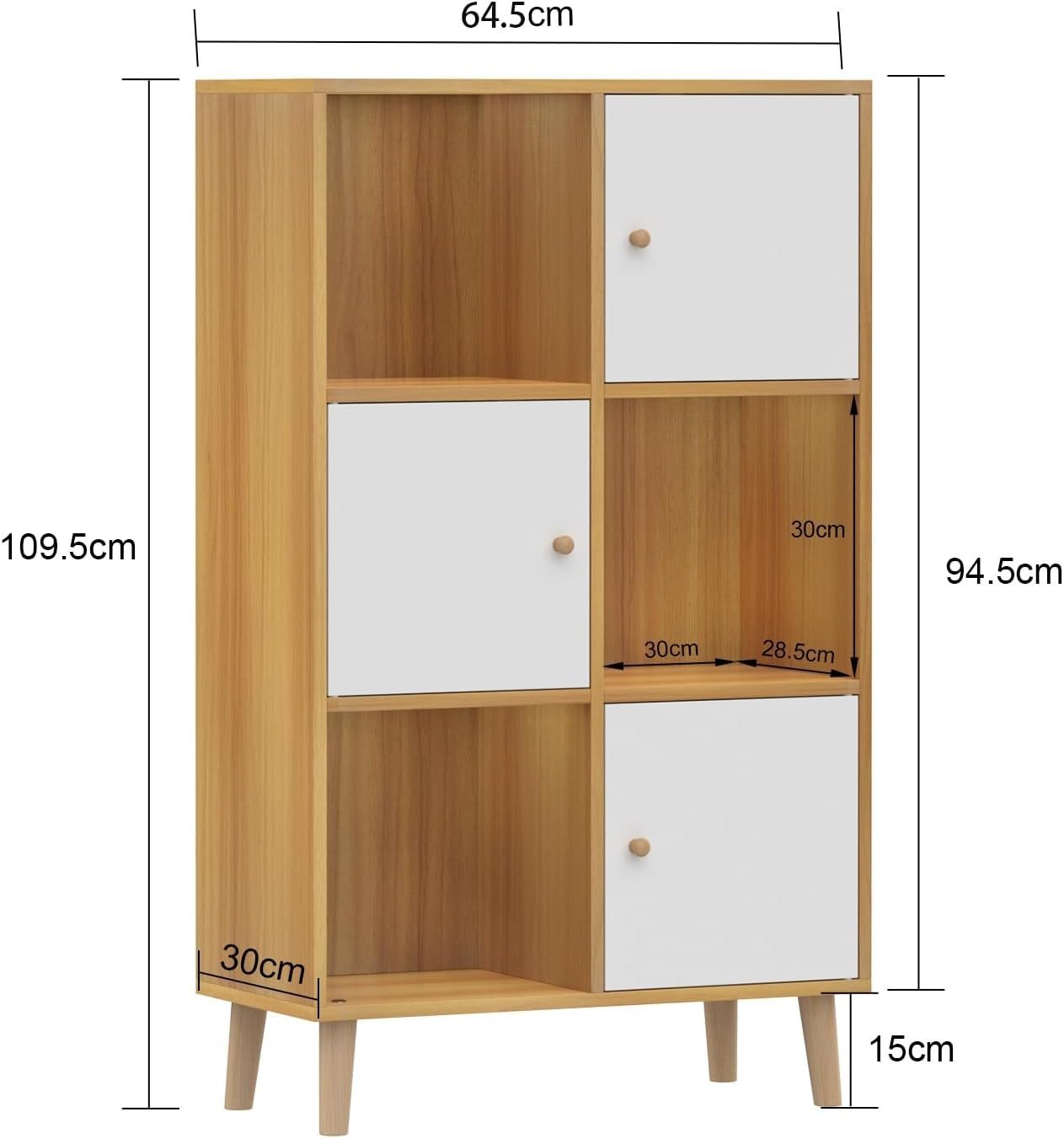 JEOBEST Bücherregal Bücherschrank mit 3 Türen, 3 Fächer, Massivholzbeinen, 1-tlg., Standregal Aufbewahrungregal Büroregal Aktenschrank H 110cm