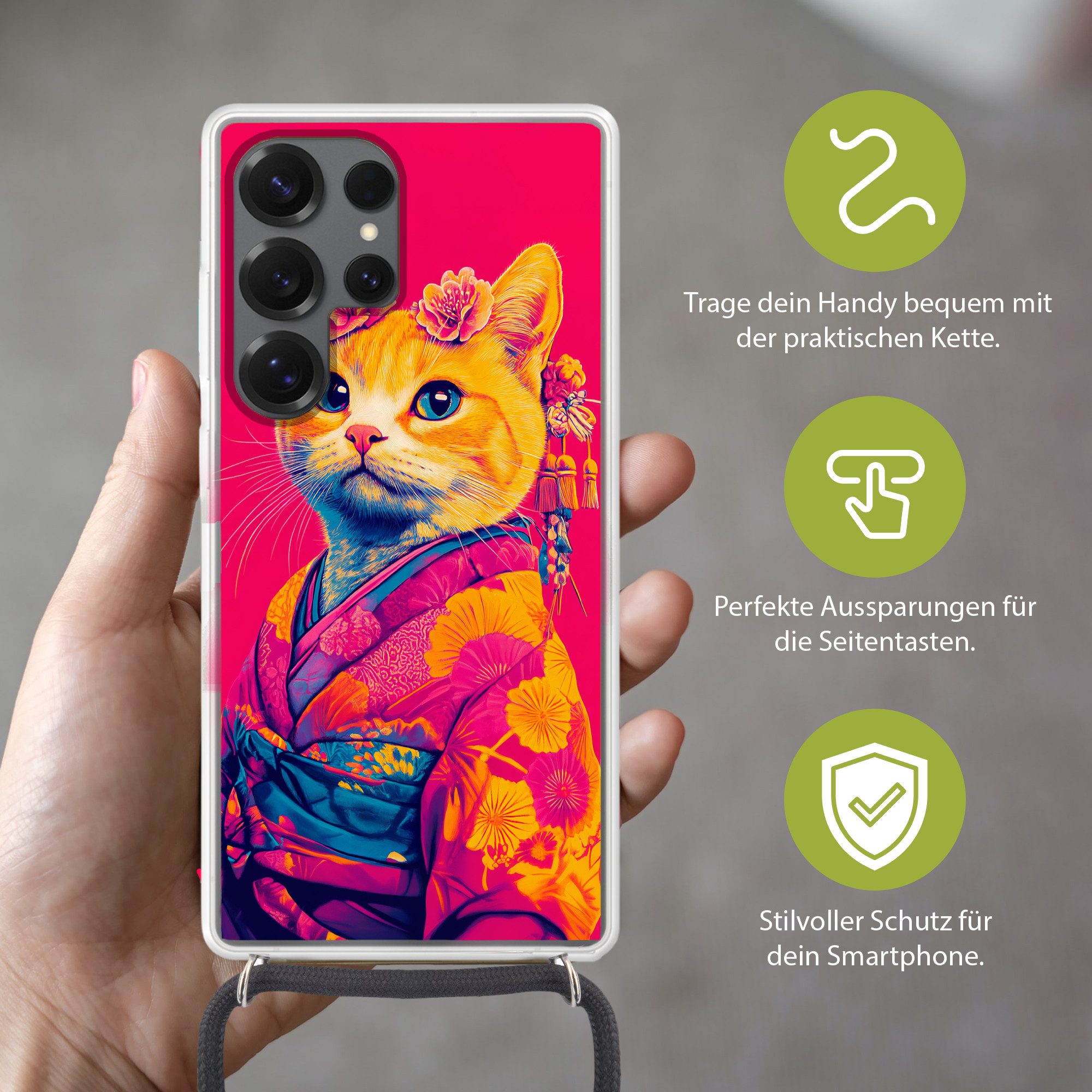 MuchoWow Handyhülle für Samsung Galaxy S25 Ultra Katze - Kimono - Blumen - Rosa, Tragbare Handyhüllen mit Kette zum umhängen, Handykette Handyband
