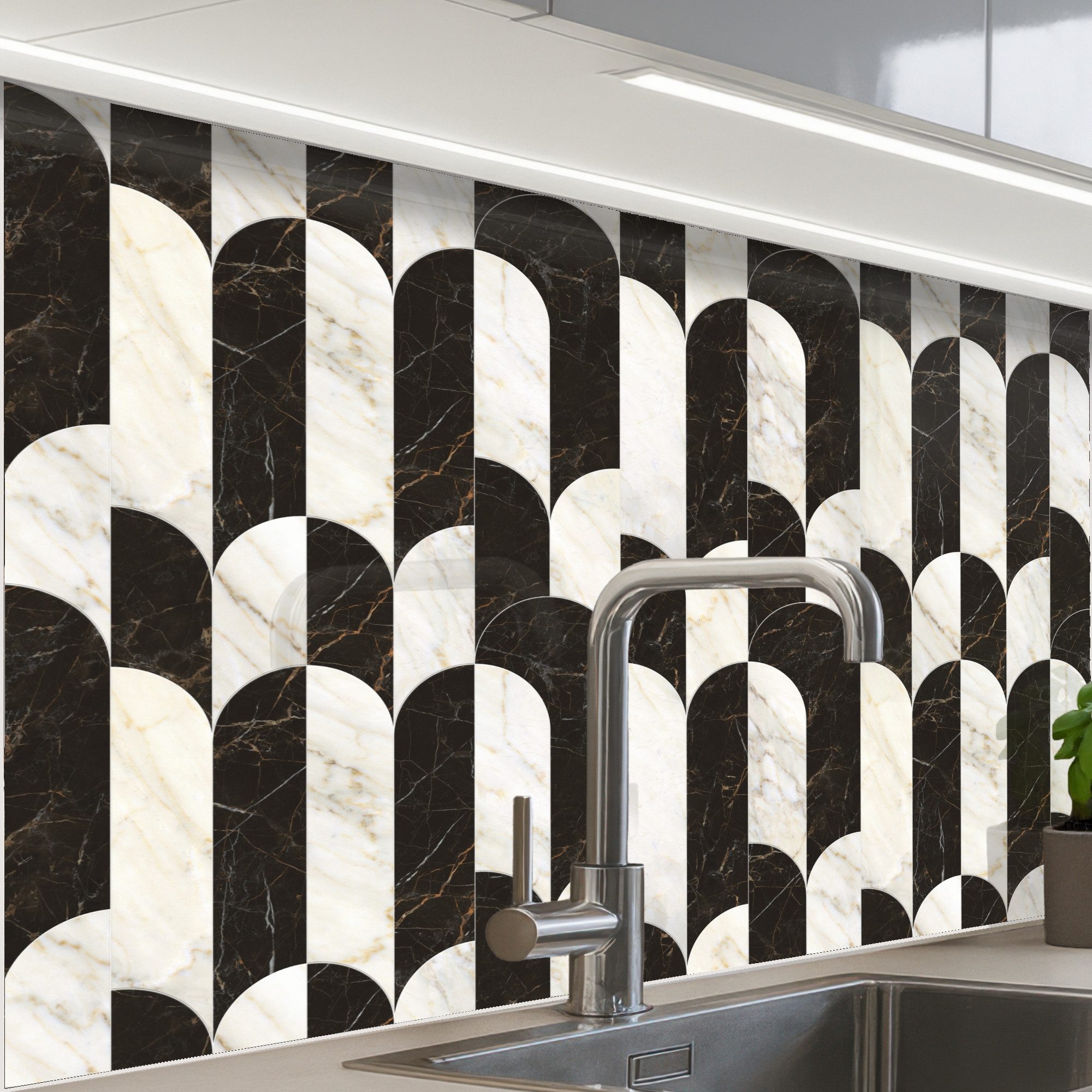 KitchenYeah Küchenrückwand selbstklebend Bögen - Kacheln - Marmor - Schwarz - Weiß, (1-tlg), Spritzschutz, Küche, Rückwand, Küchenwand, Küchenfront, 80x60 cm