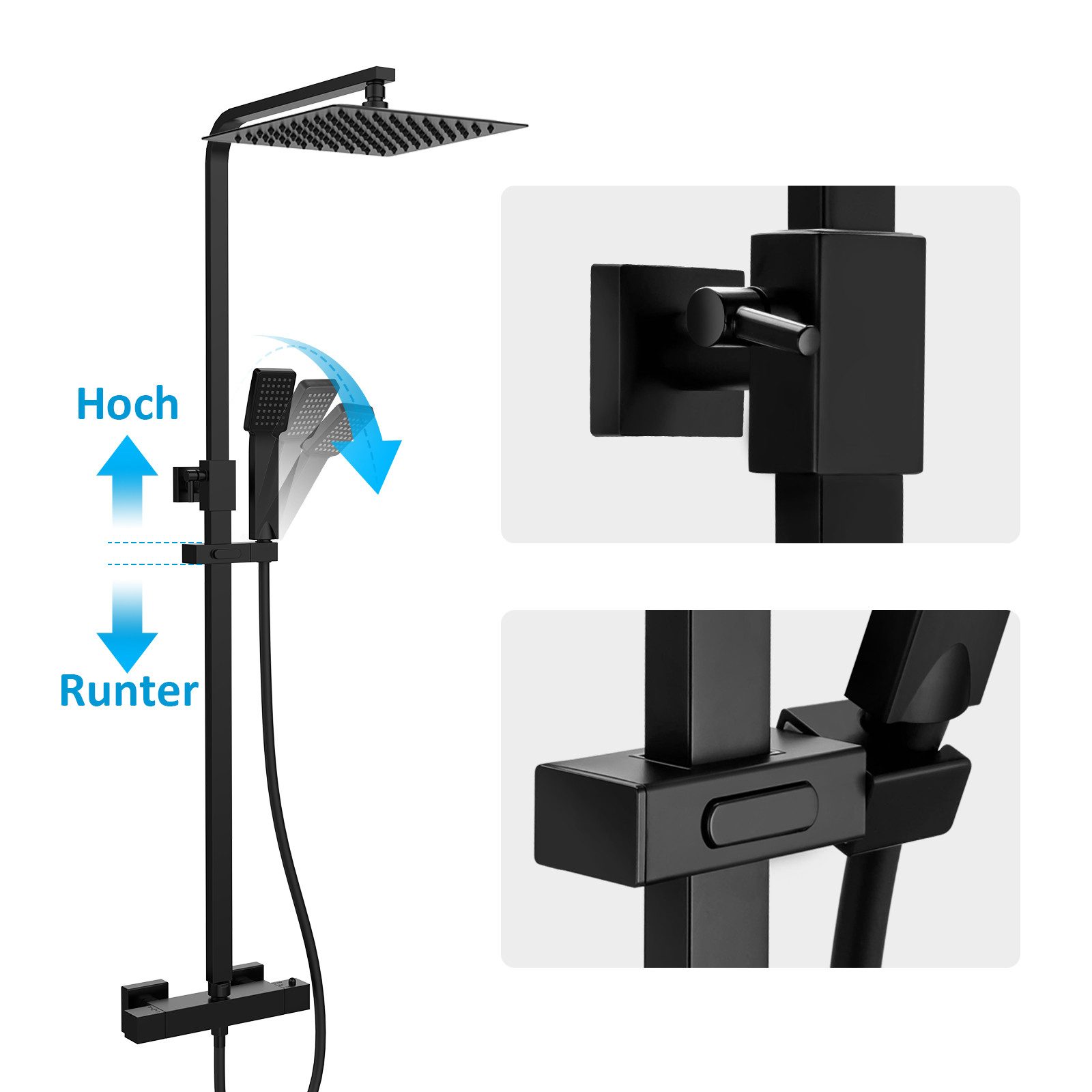MEYKOERS Duschsäule Duschsystem mit Thermostat, Regendusche und Handbrause, Mattschwarz, Messing-Armaturenkörper und Edelstahl-Steigrohr, 1,5m PVC‑Schlauch