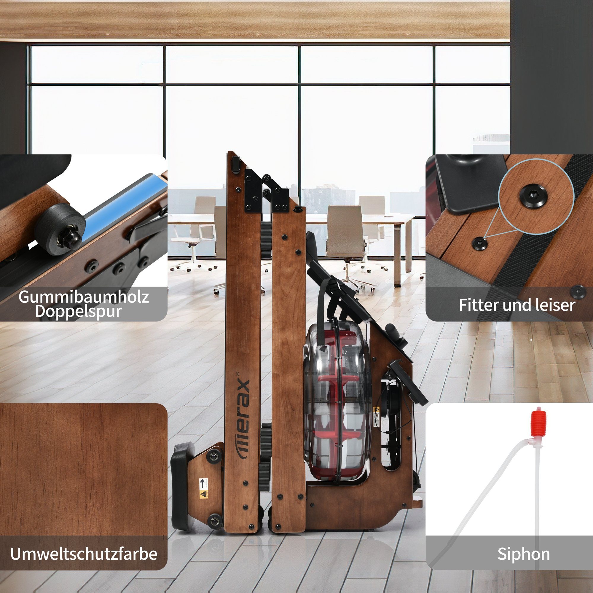 klappbar Rudergerät mit APP und Merax Display, aus Holz-Wasser-Rudergerät, Massivholz, Wasserrudergrät