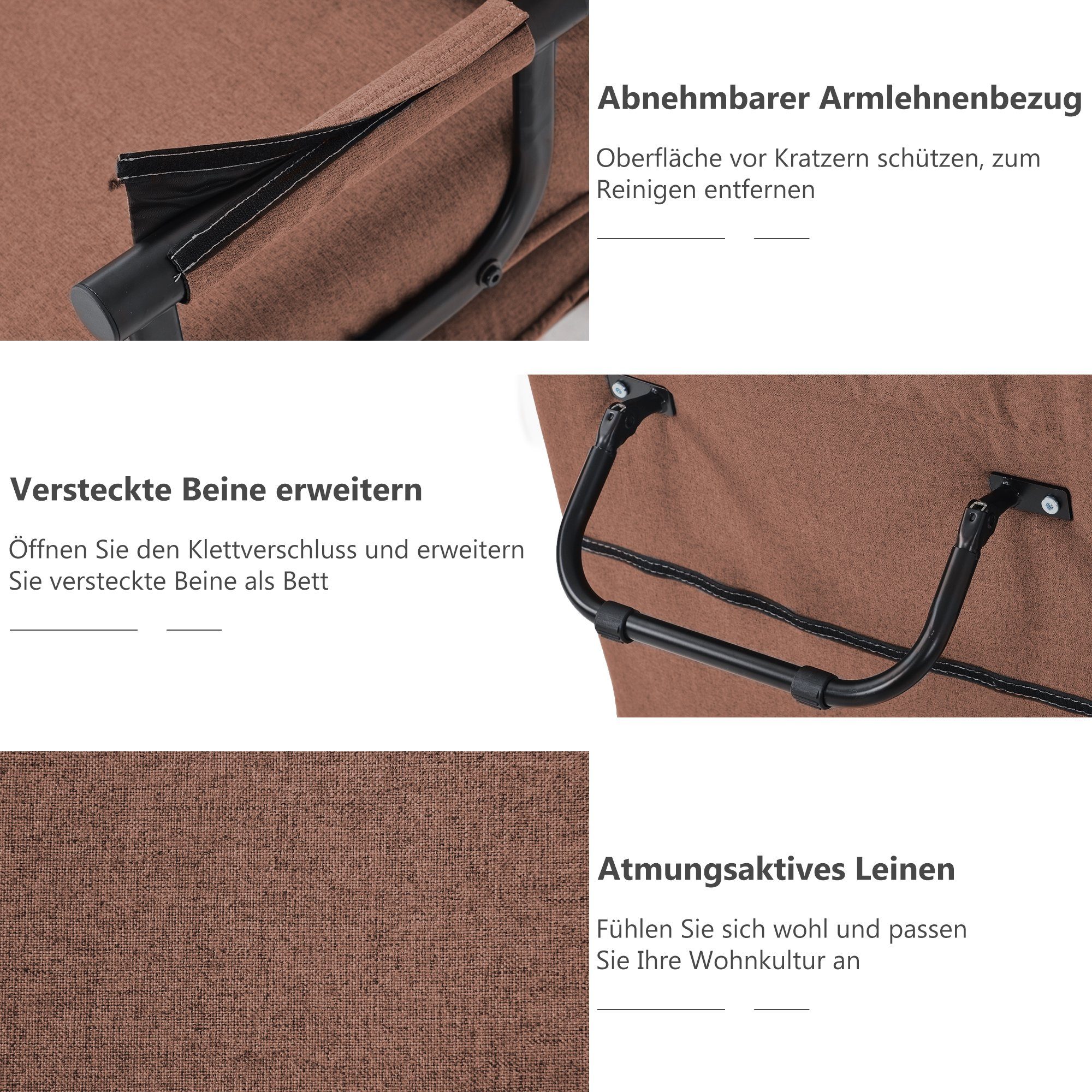 Daybett (Relaxsessel Sessel mit Schlaffunktion und Liegefunktion), Schlafsessel mit Armlehnen und Kissen, abnehmbarer Bezug aus Leinen