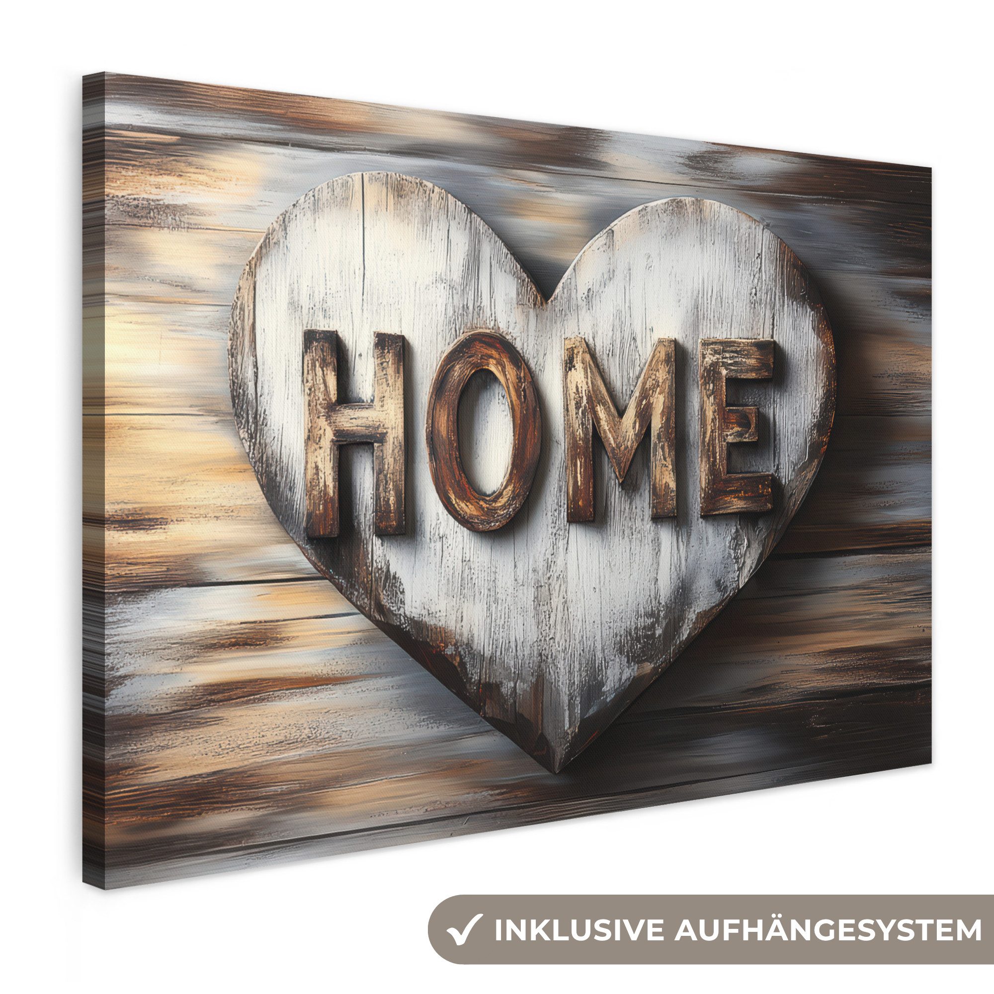 OneMillionCanvasses® Leinwandbild Zuhause - Herz - Holzoptik - Liebe, Fotodruck (1 St), Leinwand Bilder groß für Wohnzimmer 140x90 cm