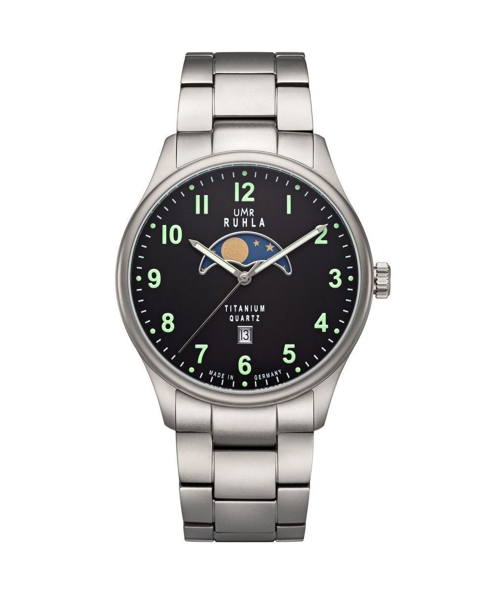 Quarzuhr Mondphase Herrenuhr 20911M 41,5 mm Schwarz Titanband Made in Germany