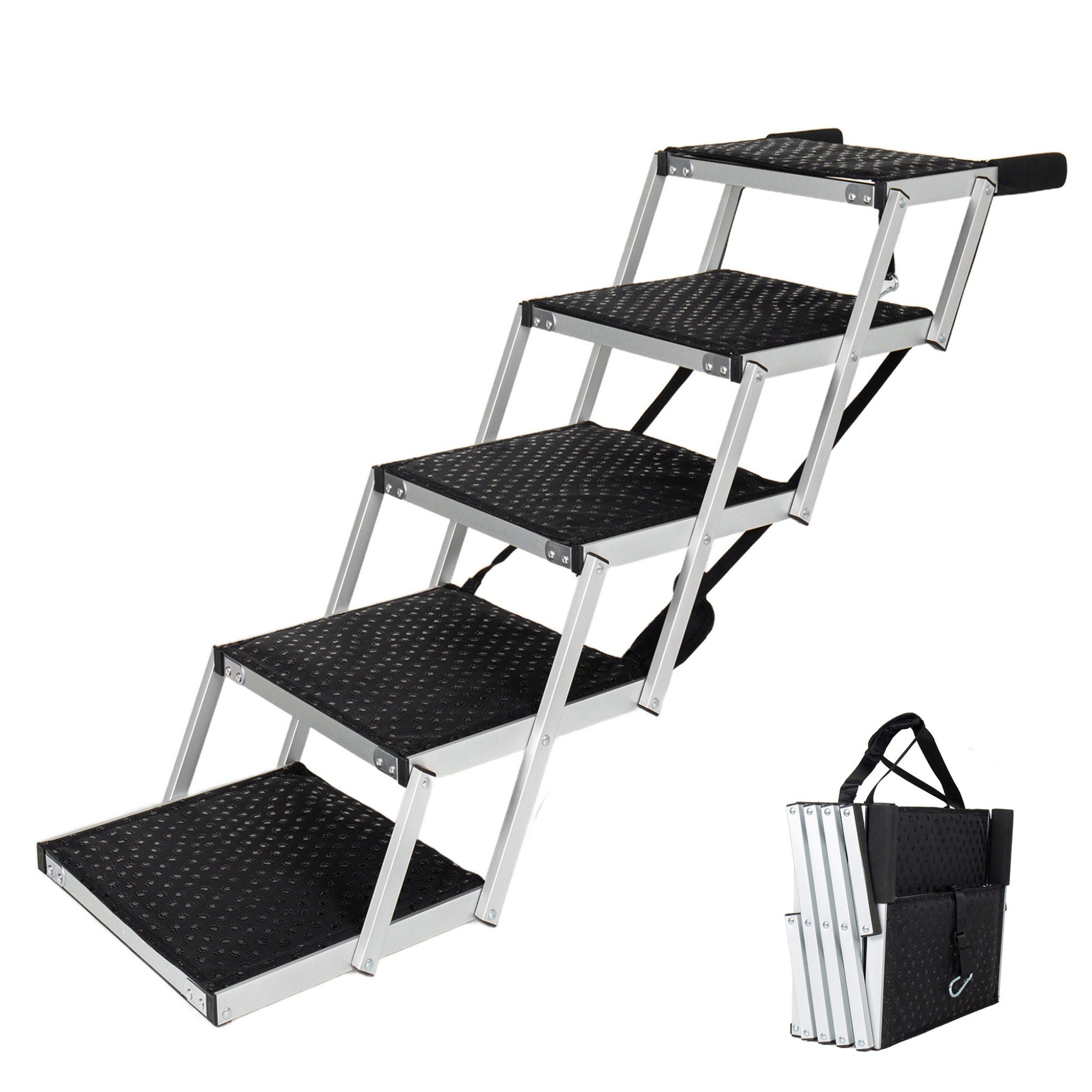 Blossom Hunderampe Klappbare Hunderampe aus Aluminium, höhenverstellbar rutschfest 110kg, 5-stufige Haustiertreppe mit Sicherheitsgurt für Auto, SUV, Bett, Sofa