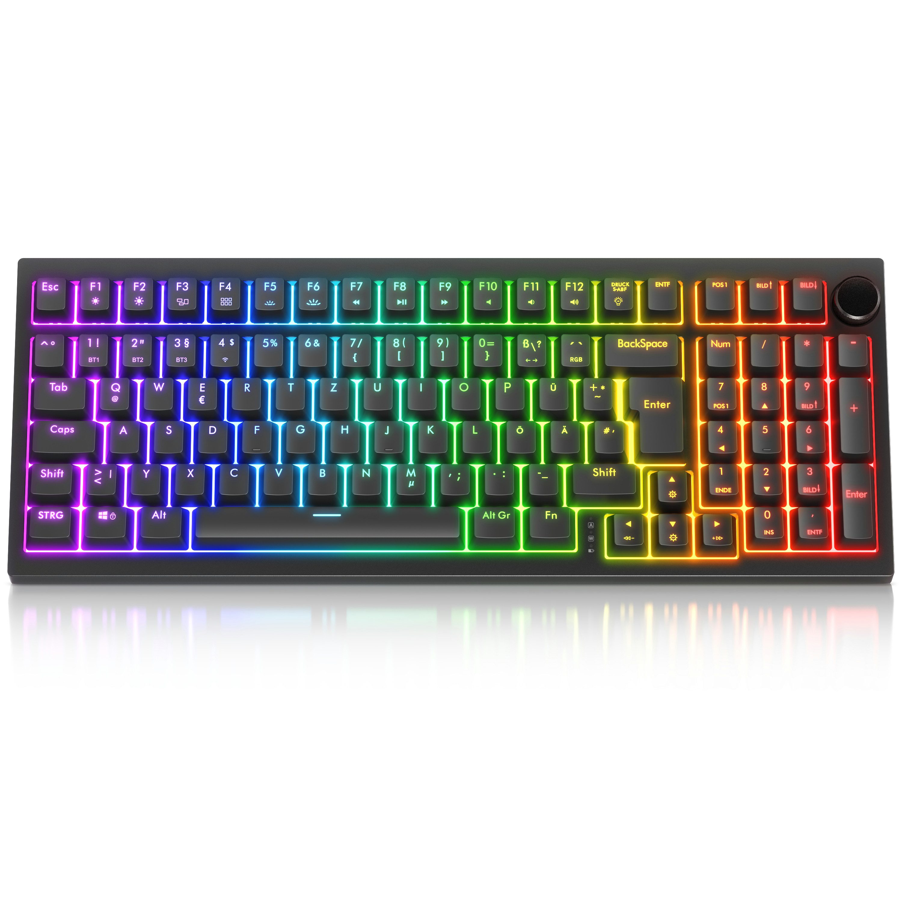 Titanwolf CLAW Gaming Tastatur, 99 Tasten mechanisch, RGB, Hot-Swap, QWERTZ Gaming-Tastatur (BT 2,4 GHz, Gasket Mount, 4000 mAh Akku, Drehregler, LED-Anzeige, NKRO)