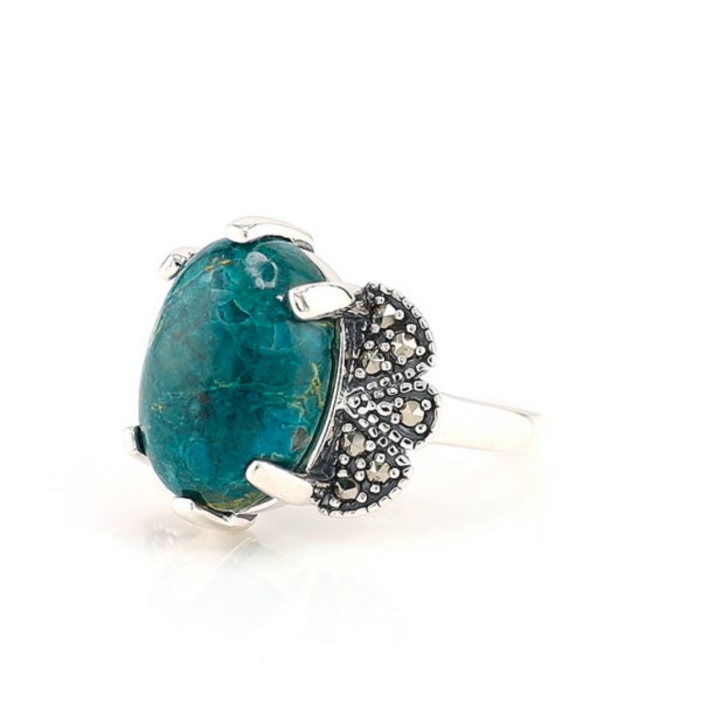 Cavill Silberring Cavill Chrysokoll Ring 5,18 ct Sterling Silber mit Markasit grün oval (1-tlg)