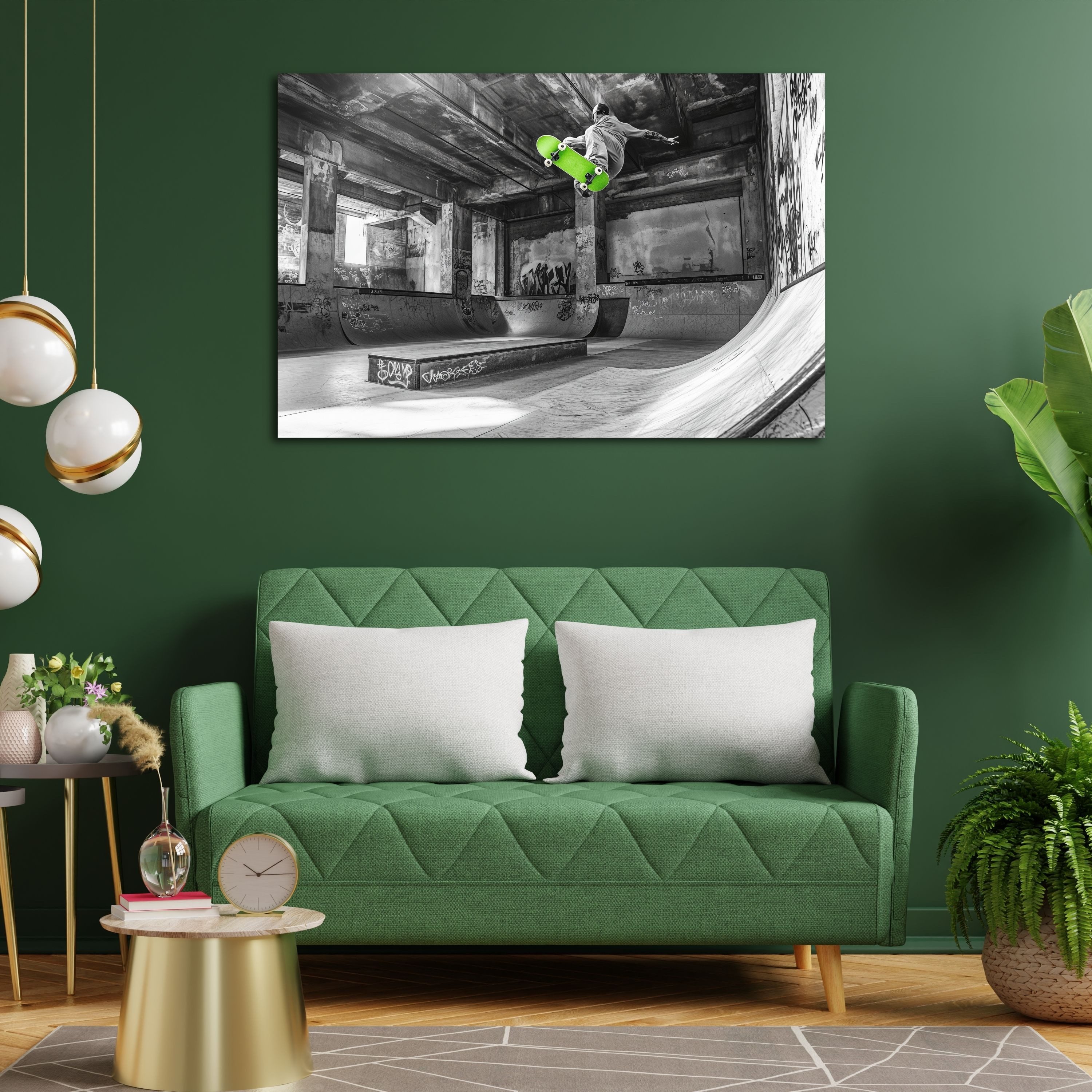 DARO Design Leinwandbild Modern Abstrakt Wandbilder XXL Wandbild Wand Deko Leinwand Bilder, (Grünes Skateboard - Bild groß Wohnzimmer Schlafzimmer Küche Esszimmer Einteilig Querformat Fotodruck Leinwände Wanddeko Abstrakte Kunst Boho), 30x20cm
