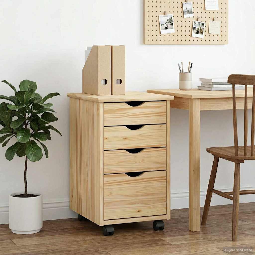 vidaXL Rollcontainer Rollschrank Mit Rad Braun 34 x 39 x 56 cm Massives Kiefernholz, (1 St)