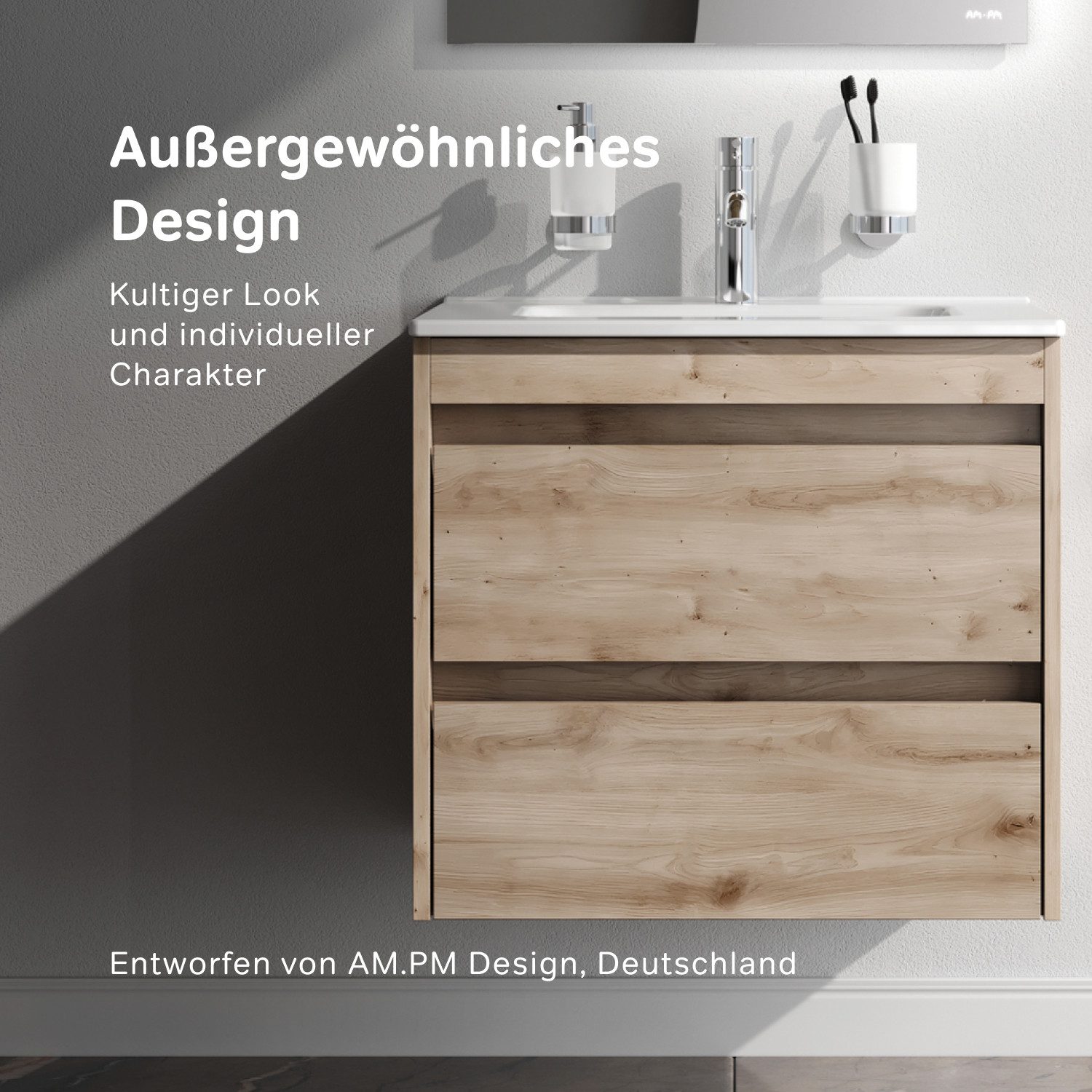 AM.PM Waschbecken Waschtischunterschrank mit Handwaschbecken 60 cm Unterschrank (Badmöbel-Set: Unterschrank & Wasch-Becken aus Porzellan, wandhängender Waschbeckenunterschrank und Waschplatz), Badschrank mit integriertem Keramikwaschbecken