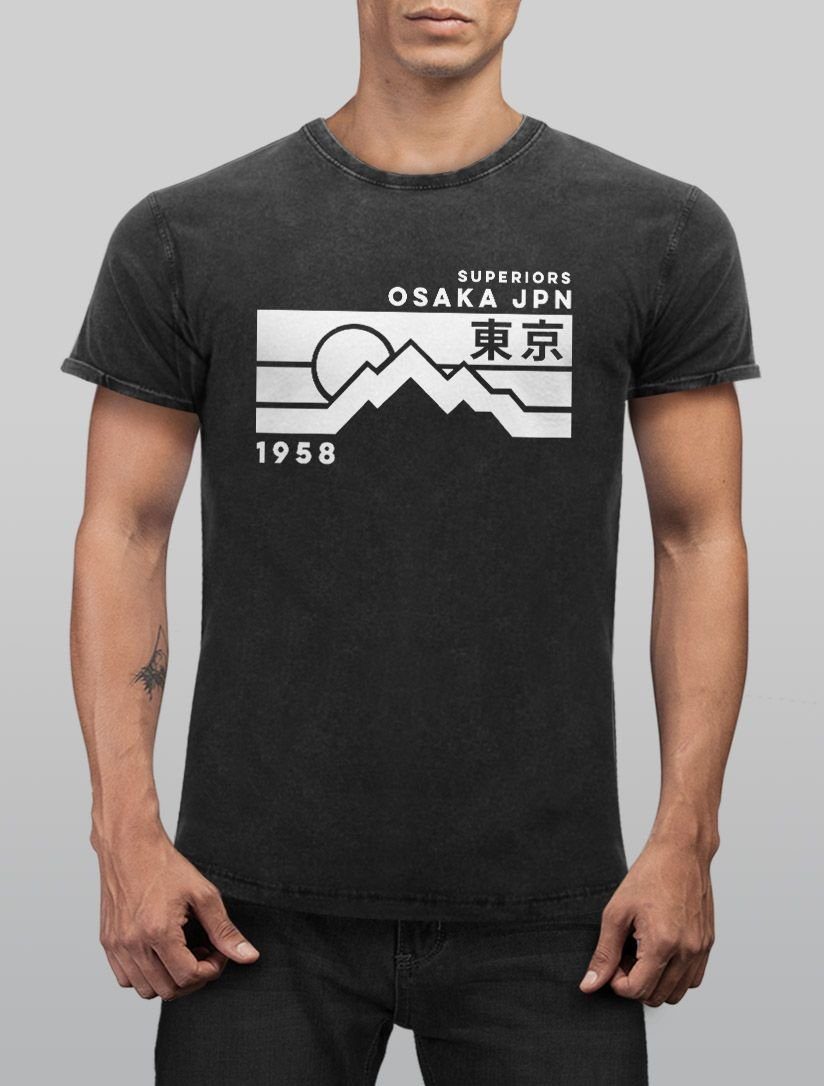 Shirt Osaka Print-Shirt Printshirt Retro Neverless Used Print Mountain Vintage mit Herren Japan Look Neverless® Fit Slim Design Superiors