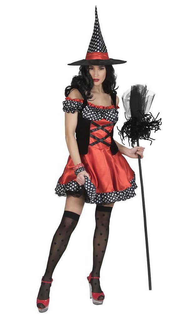 Karneval-Klamotten Hexen-Kostüm Damen kurzes schwarz rotes Hexenkleid mit P günstig online kaufen