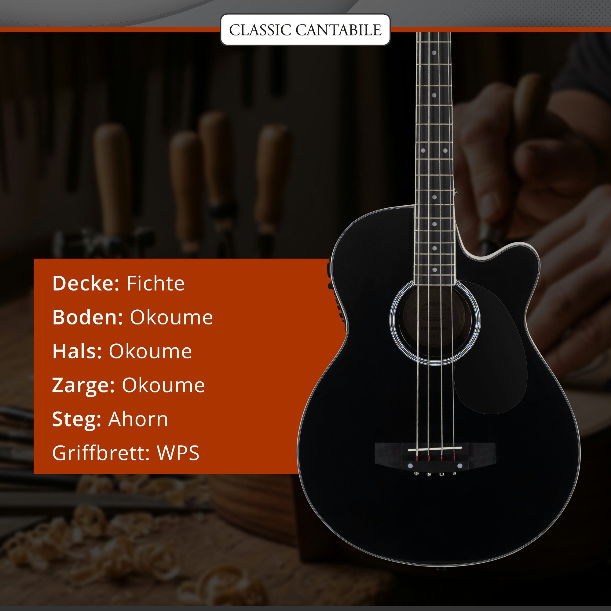 Classic Cantabile Akustik-Bass AB4-20CE Short Scale-Akustik Bass - mit Tonabnehmer, Grand Concert mit Cutaway, Undersaddle-Piezo mit EQ-7545R Preamp – Bild 3 von 5