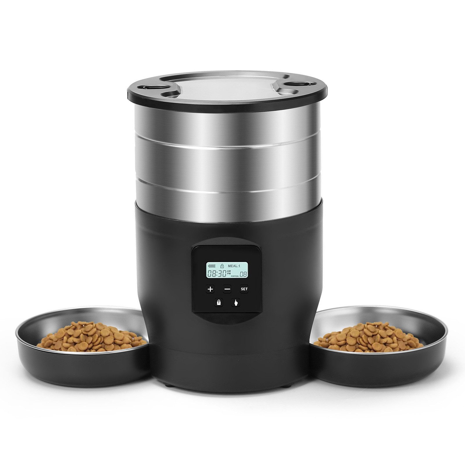 Coonoor Katzen-Futterspender Automatischer Katzenfutterspender, 2 Schalen, Edelstahl, 4,5 L, Programmierbarer Timer, 2 Stromquellen, Für Kleine/Mittlere Haustiere