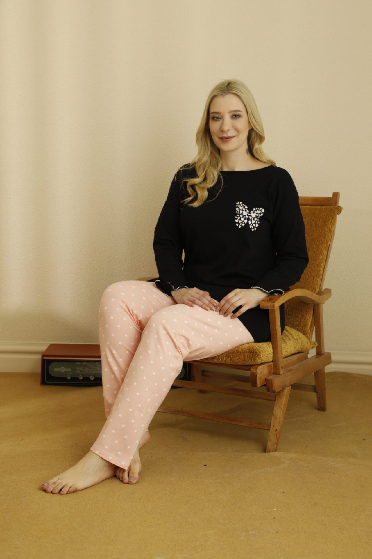 SEXEN (Siyah Inci) Schlafanzug Damen Pyjama Set Große Größen – Schwarz & Rosa mit Schmetterling Weicher Gummibund, Farbenfrohes Design, Verspielte Details