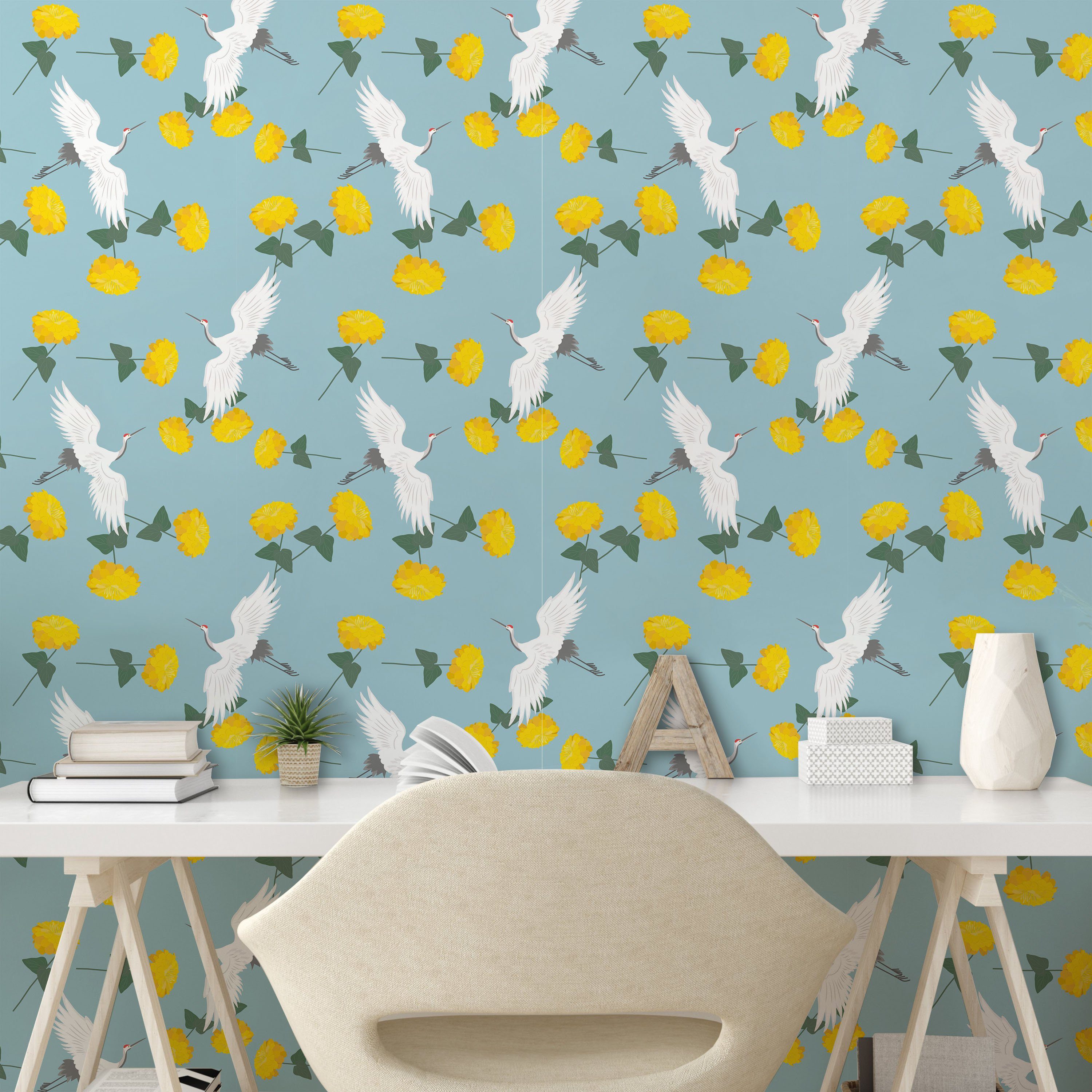 Abakuhaus Vinyltapete selbstklebendes Wohnzimmer Küchenakzent, Vogel Gelber Kräne und Blumen