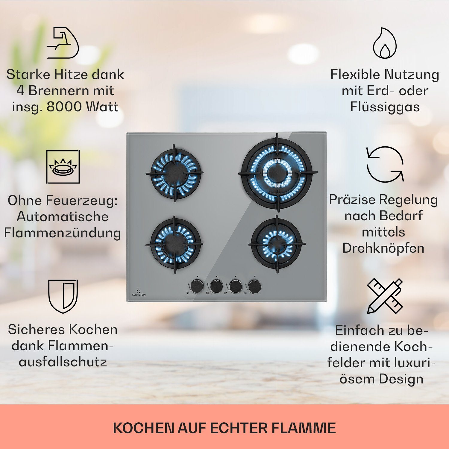 Klarstein Gas-Kochfeld Firetale gas hob, 4 flammen brenner Kochfelder Gaskochfelder