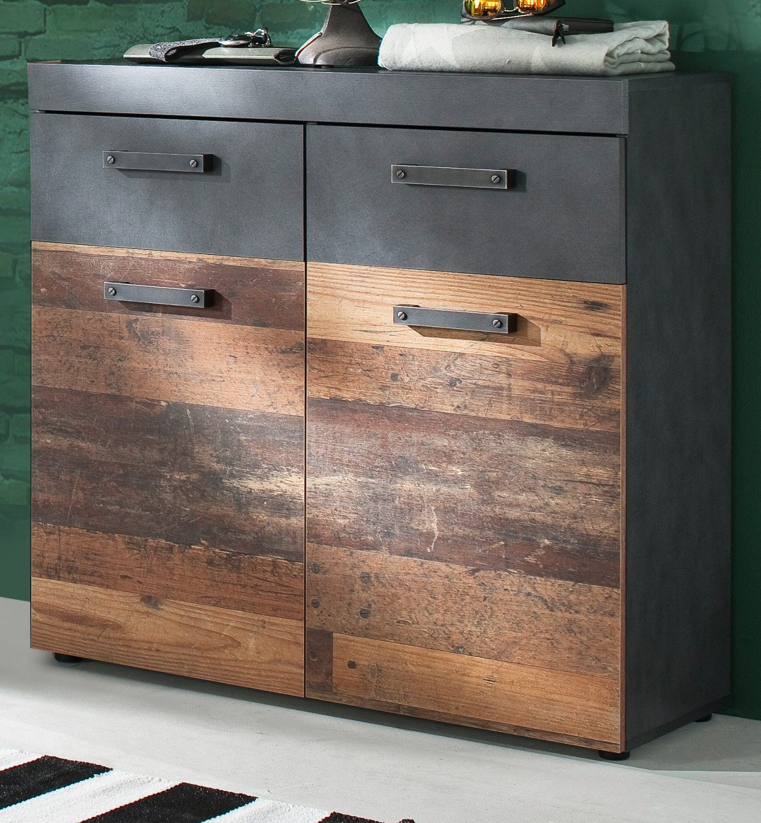 Inn.Furn Schuhschrank Indy (Kommode in Used Wood mit grau, 90 x 89 cm) in Altholz Optik