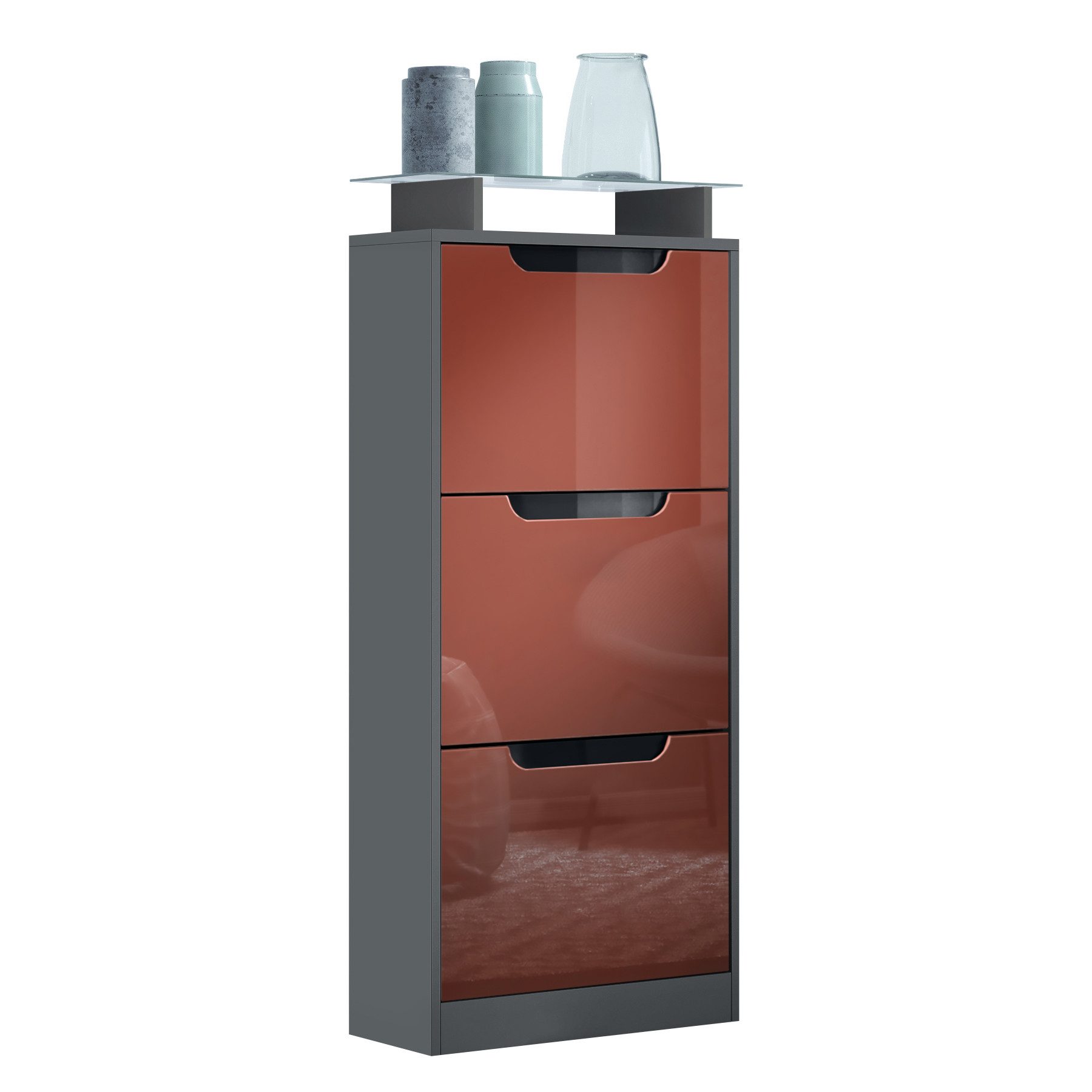 Vladon Schuhschrank Space V2 (Schuhkipper, für 12 Paar Schuhe mit 3 Klappen und Glasablage) Anthrazit matt/Bordeaux Hochglanz (46 x 128 x 23 cm)