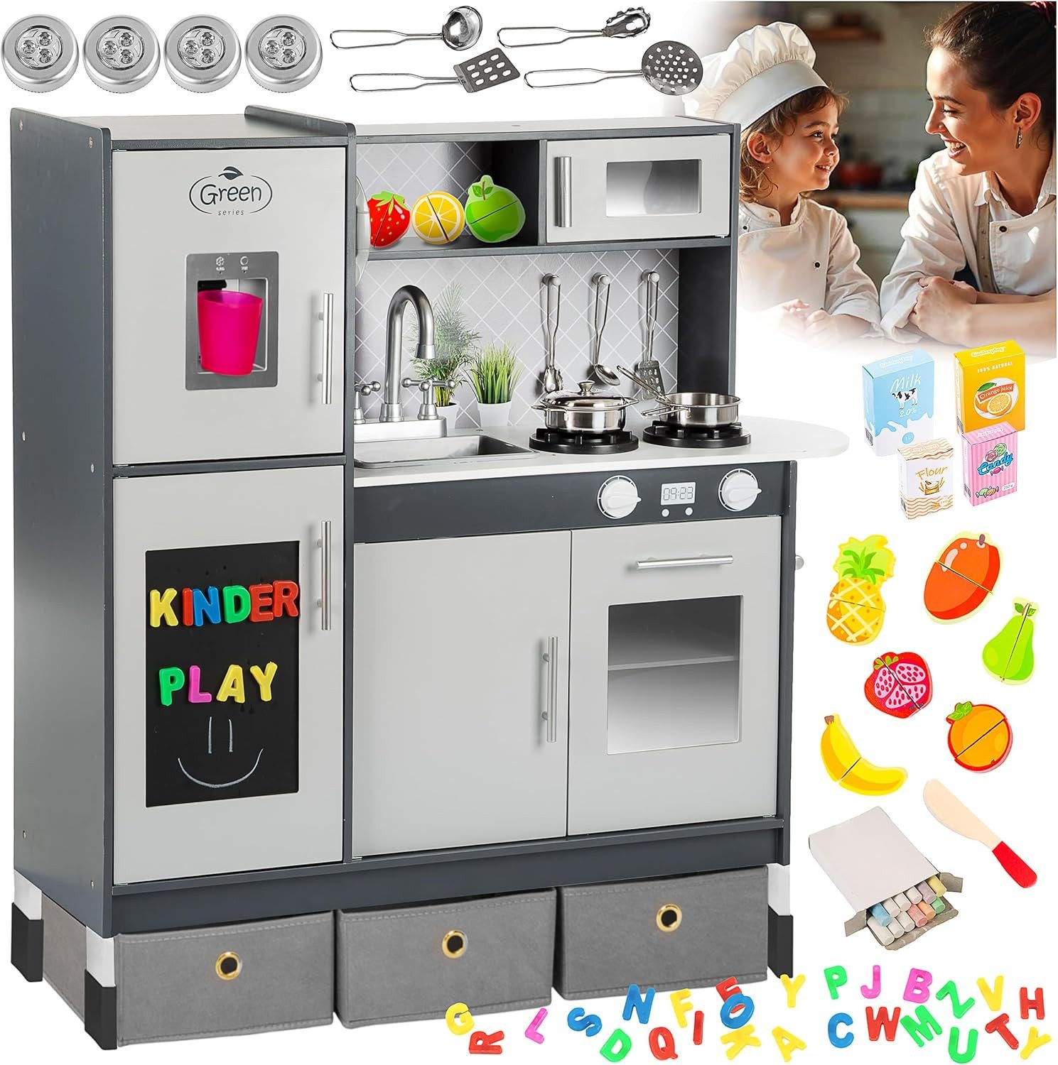 Green Series Spielküche Große Holz Spielküche – LED & Sound – Kinderküche höhenverstellbar Holz, mit Sound