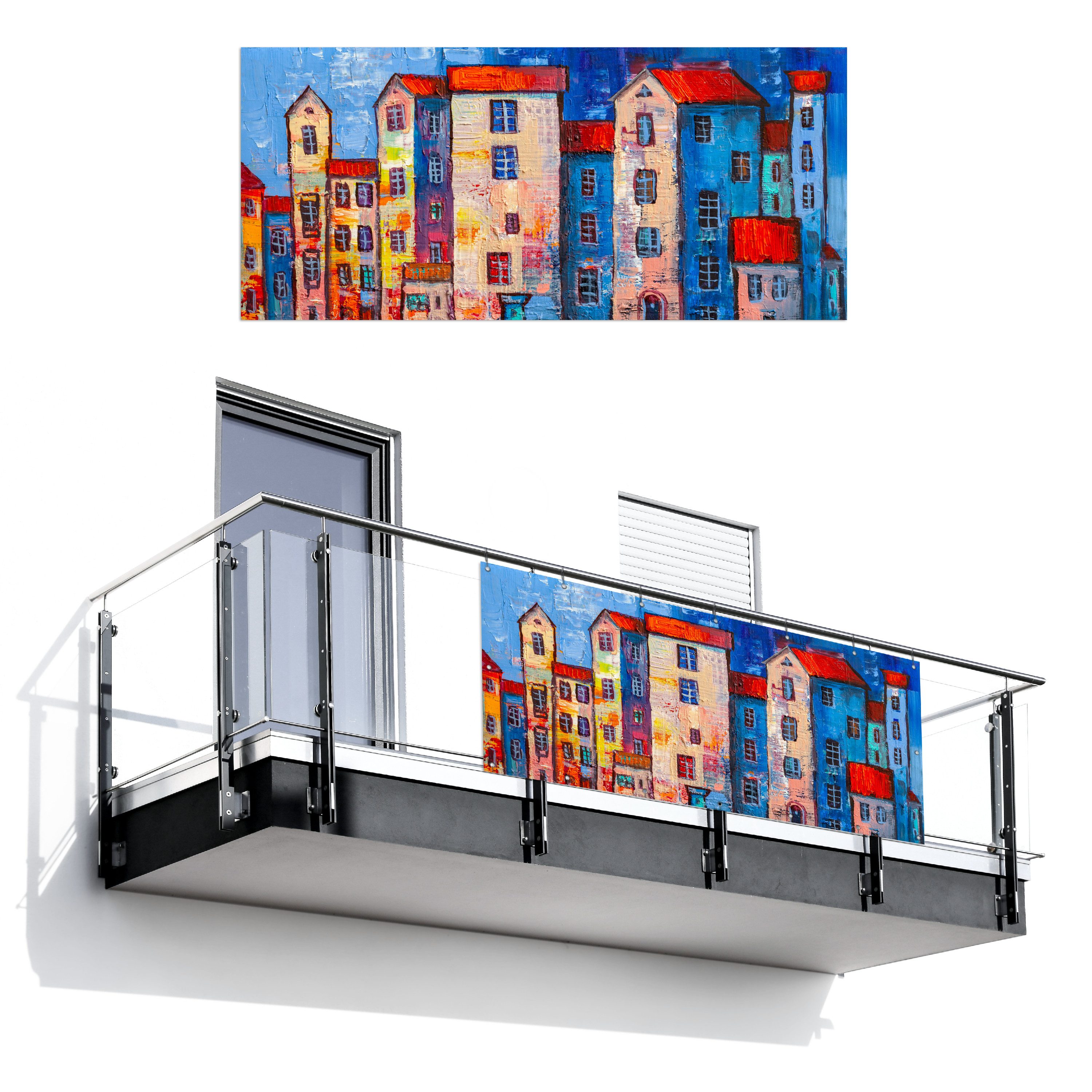 MuchoWow Balkonsichtschutz Gemälde - Ölfarbe - Haus - Wasser (1-St) Balkon Sichtschutz 90x200, Windschutz für Zaun PVC, 200x90 cm
