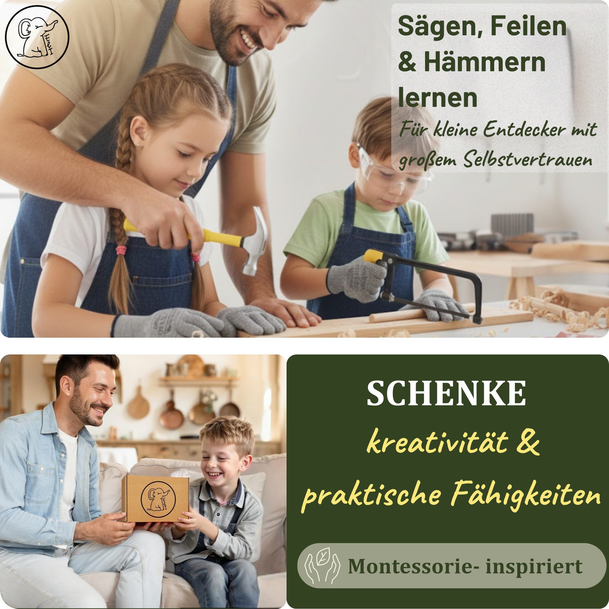 Eli Kinder-Hammer Echtes Werkzeug für Kinder mit ergonomisch rutschhemmenden Griff, (Metallhammer zum Heimwerken & Lernen, DIY Hammer für Jungen & Mädchen ab 4 Jahren), beidhändig - rutschfest