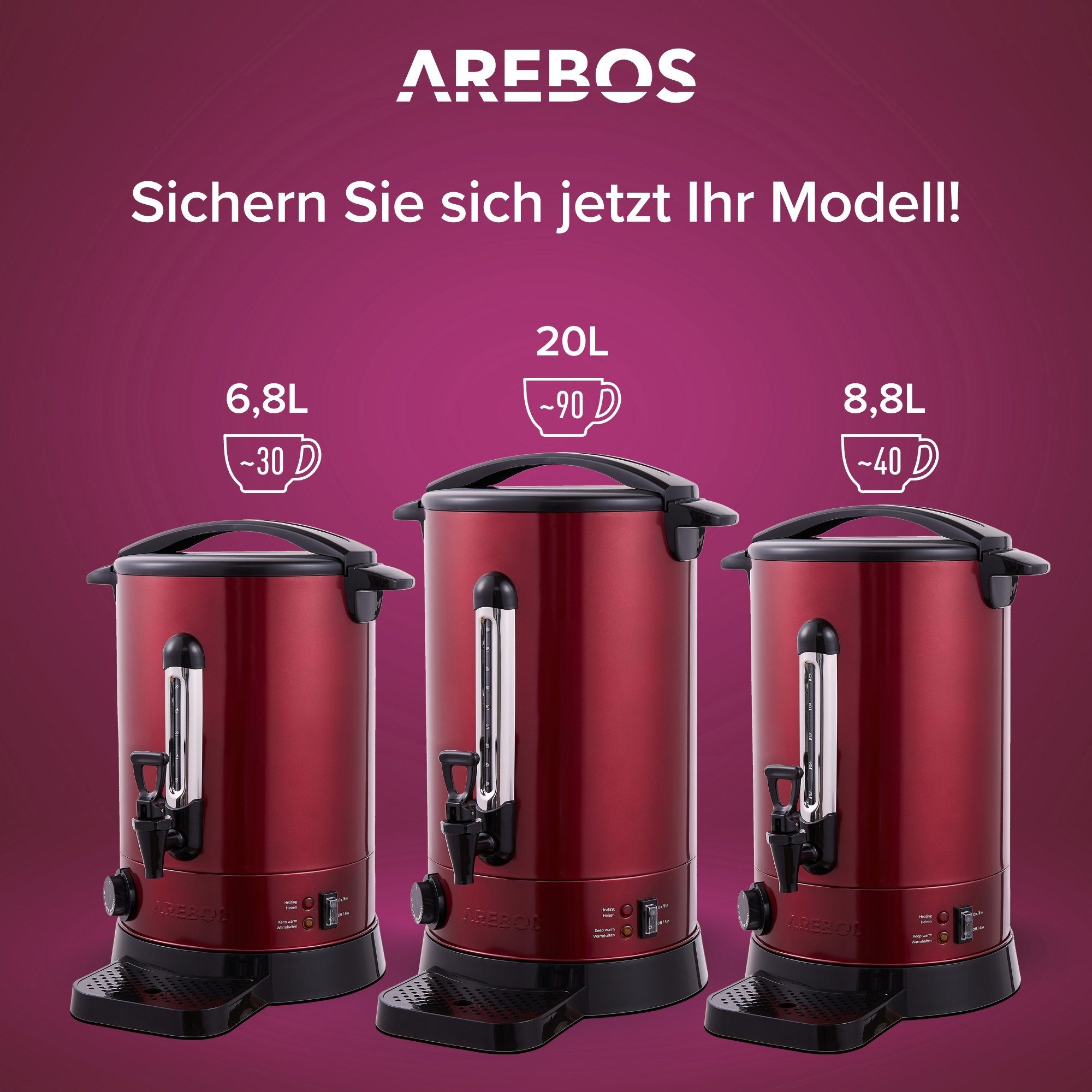Temperatureinstellung Arebos und 20 Farben, rot 3 Überhitzungsschutz, Glühweinautomat 1650,00 30-110°C, W Einkoch- L,