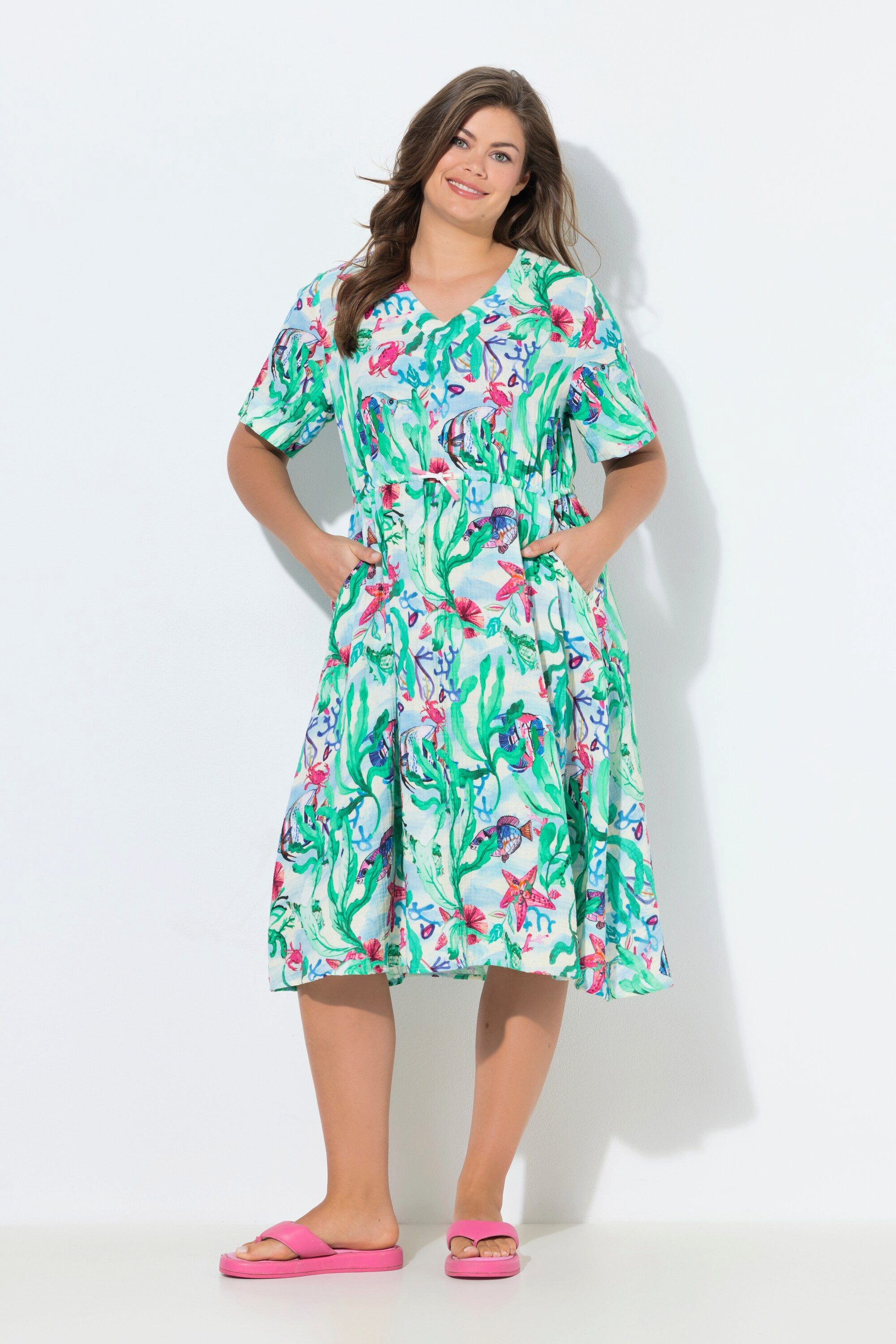 Laurasøn Midikleid Musselin-Kleid V-Ausschnitt Tunnelzug 1/2 Arm