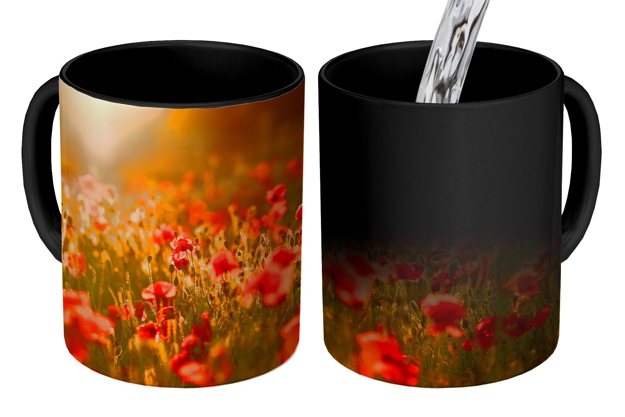 Leuchten Keramik, MuchoWow auf Tasse Kaffeetassen, Geschenk über Orangefarbenes Zaubertasse, Farbwechsel, dem den Teetasse, Feld, Mohnblumen