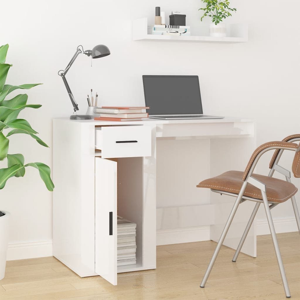 vidaXL Schreibtisch Schreibtisch Hochglanz-Weiß | Hochglanz-Weiß cm 100x49x75 Hochglanz-Weiß Holzwerkstoff