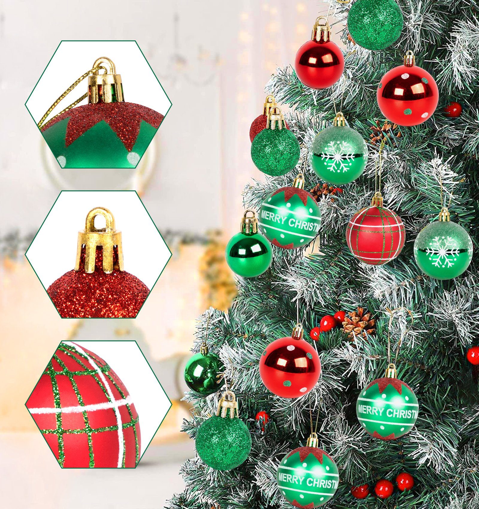 Ornamente (30-tlg), Homewit Set Rot Weihnachten Weihnachtskugeln Dekoration Glitzernd und Christbaumsdeko Grün Christbaumschmuck Glänzend Christbaumkugeln