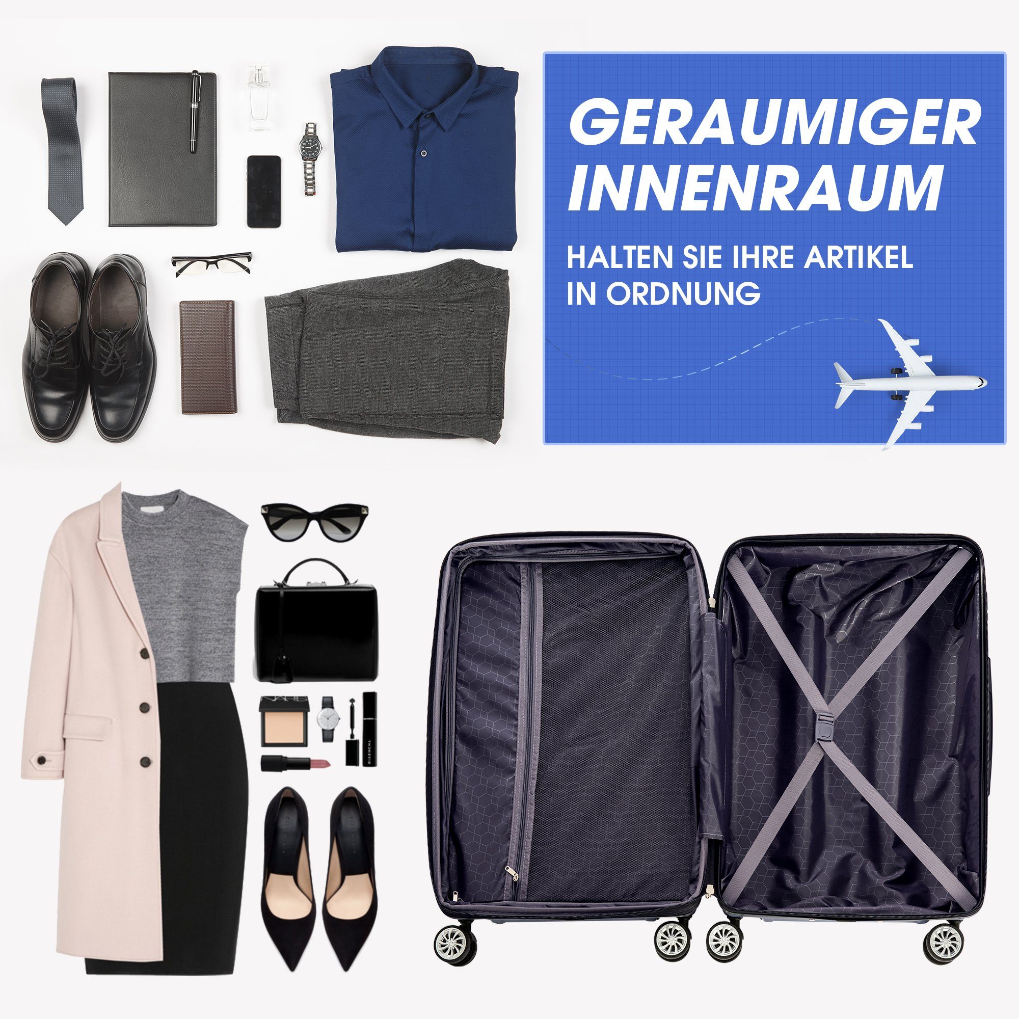 Sweiko Hartschalen-Trolley Hartschalen 75 x XL TSA-Schloss Reisekoffer Schwarz mit cm, Rollen, x Handgepäck 31 47 und Zwillingsrollen Koffer 4