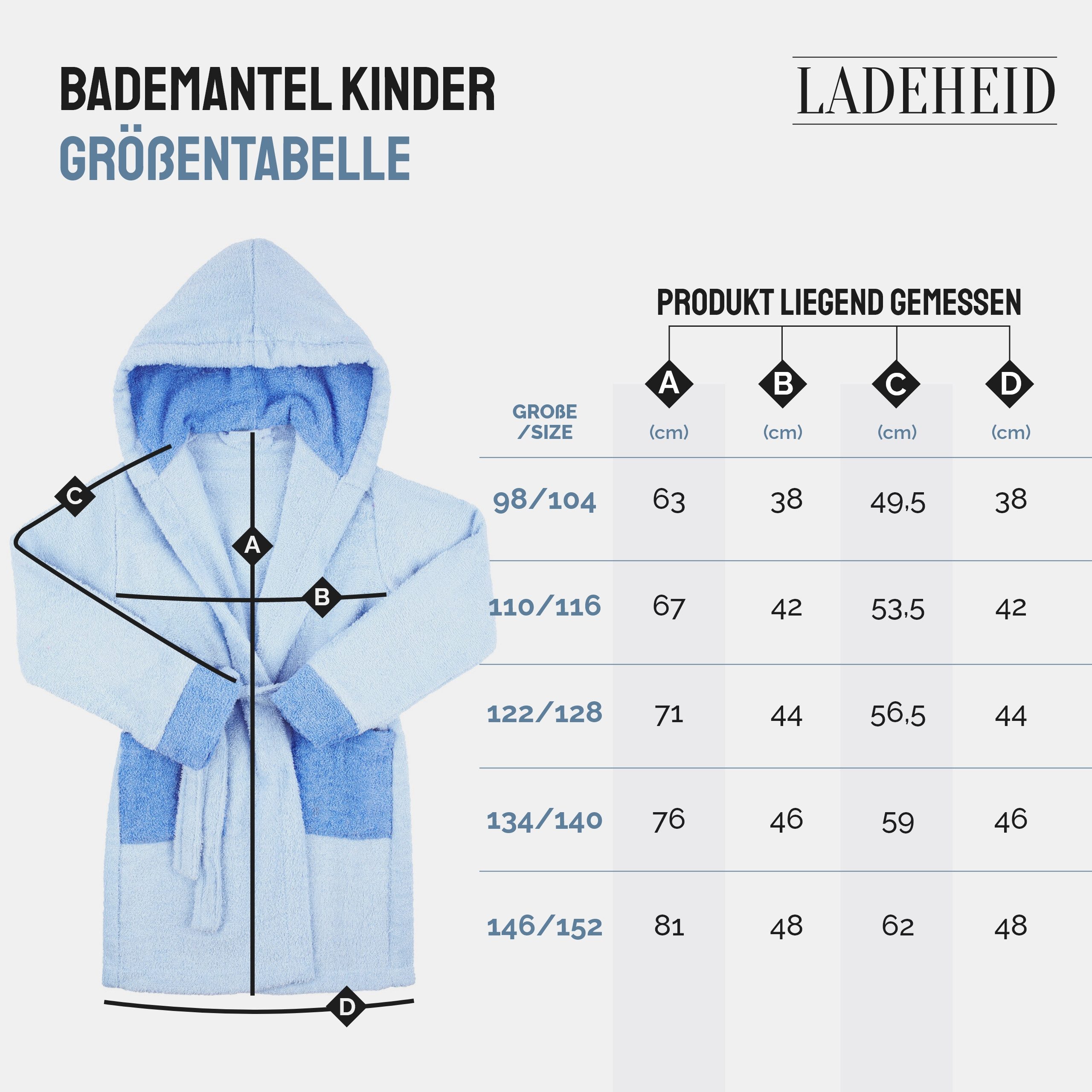 Ladeheid Bademantel Kinder Frottee Bademantel aus 100% Baumwolle LA40-103, Langform, Baumwolle, Kapuze, elastischer Bund