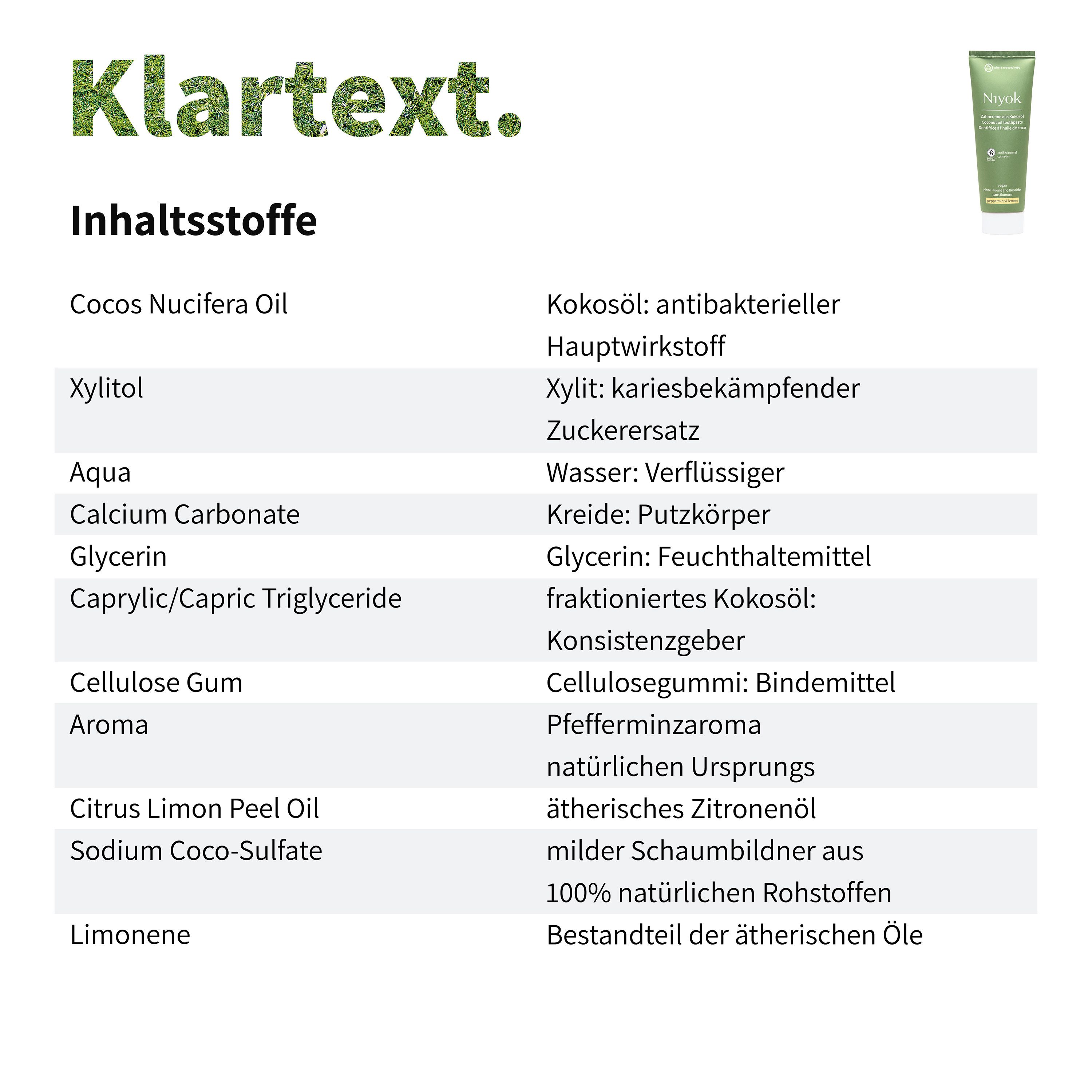 Niyok Zahnpasta aus Bio Kokosöl Ohne Fluorid & Vegan für Intensive Pflege & Frische, Pfefferminze & Zitrone (peppermint & lemon)