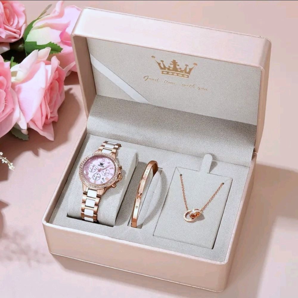 OLEVS Quarzuhr Geschenkset Damenuhr Keramik Roségold Rosa Luxus Chronograph 3tlg