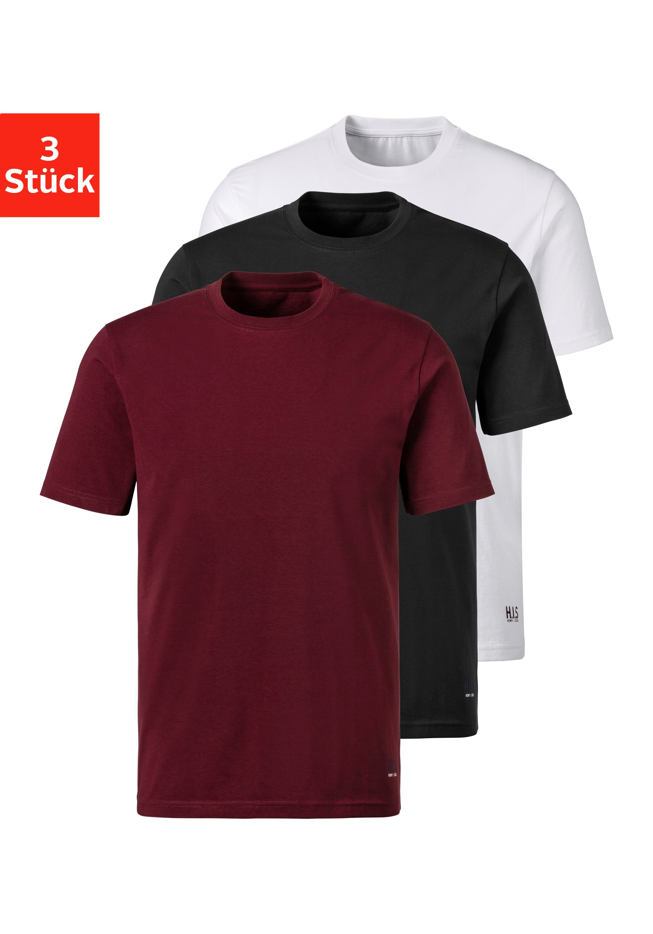 H.I.S Kurzarmshirt (3er-Pack) perfekt als Unterziehshirt bordeaux, schwarz, weiß