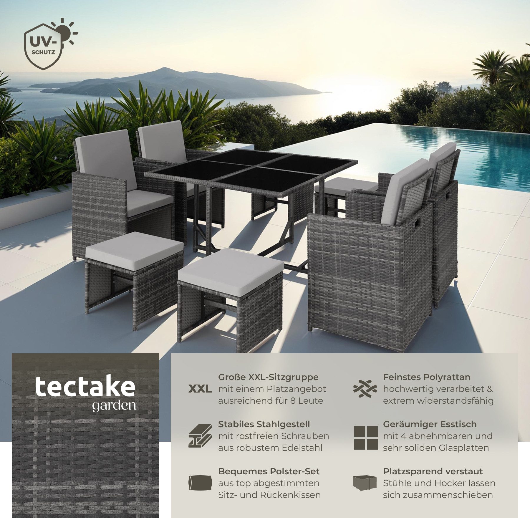 tectake Sitzgruppe Rattan-Gartenlounge für 4 bis 8 Personen, Inkl. Schutzhülle, (Loungeset Bilbao, 9-tlg., für Außen in Grau), widerstandsfähig, UV-beständig, mit Sicherheitsglasplatten