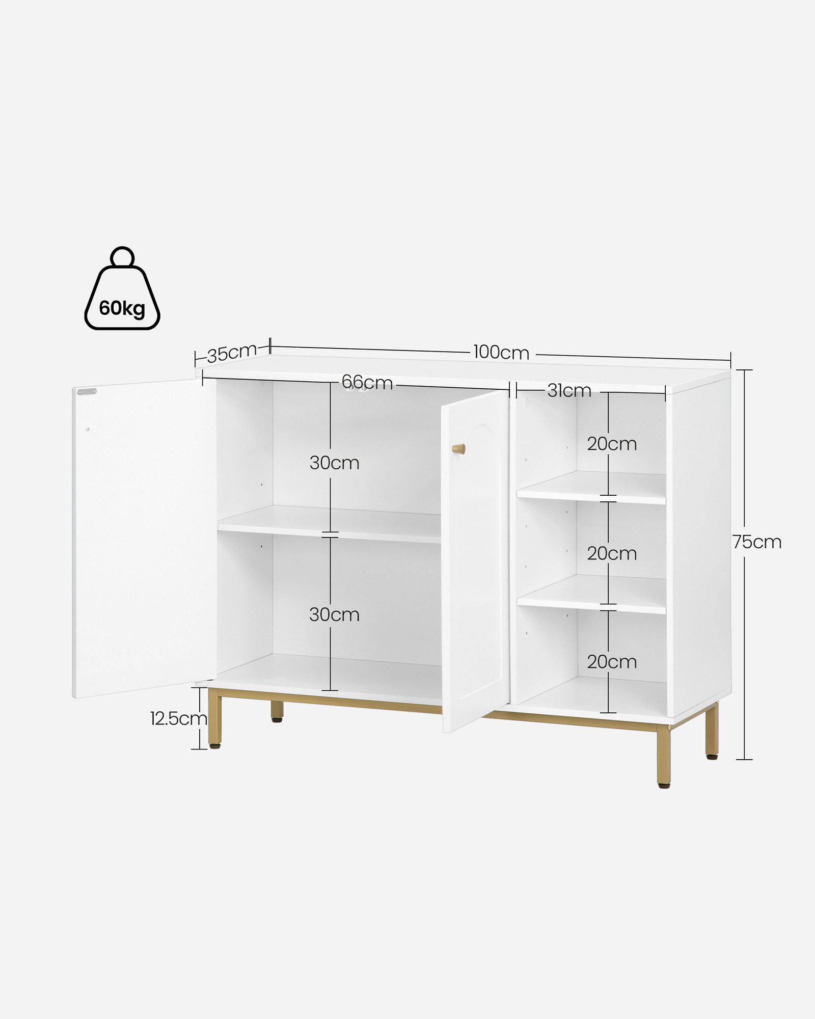 HZUANERI Badkommode Badezimmerschrank, Waschtischunterschrank, Küchenschrank, mit 3 offenem Fach, 2 Türen, verstellbarem Regal, Weiß