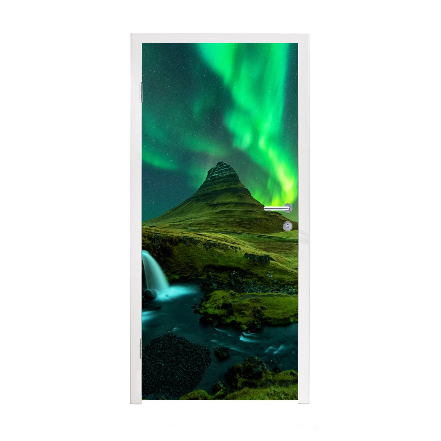 MuchoWow Türtapete Nordlichter - Wasserfall - Berg - Island, Matt, bedruckt, (1 St), Fototapete für Tür, Türaufkleber, 75x205 cm