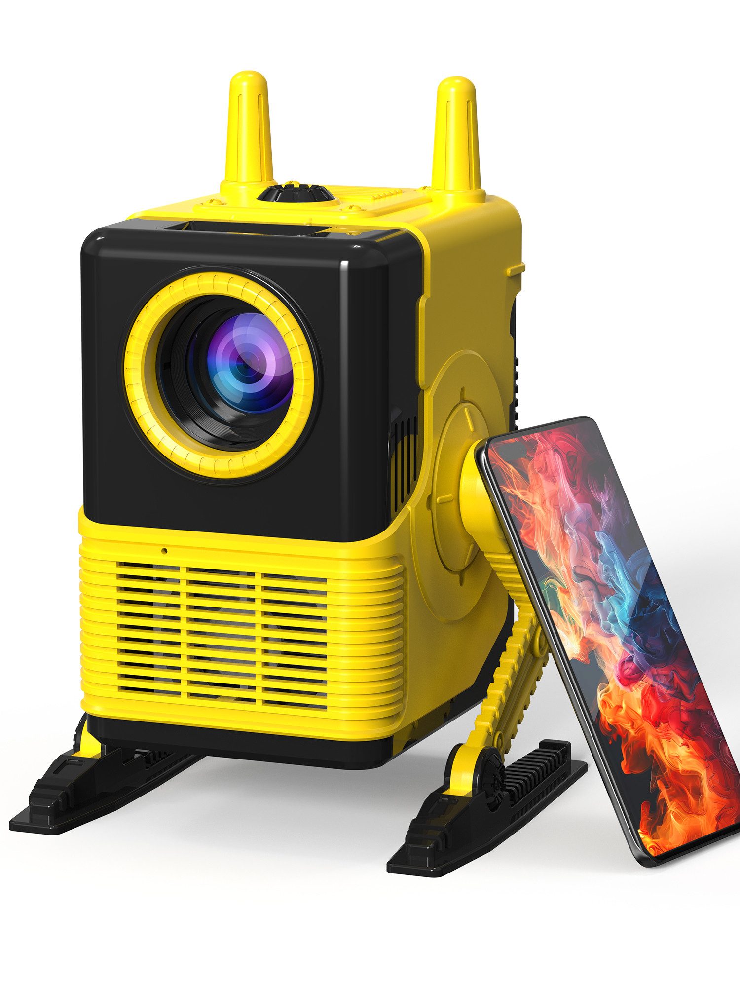 XBJ mit Leinwand, 4K 1080P 600 ANSI, Auto-Keystone, Mini Robot, WLAN Portabler Projektor (kompatibel TV-Stick/Smartphone, Indoor/Outdoor)