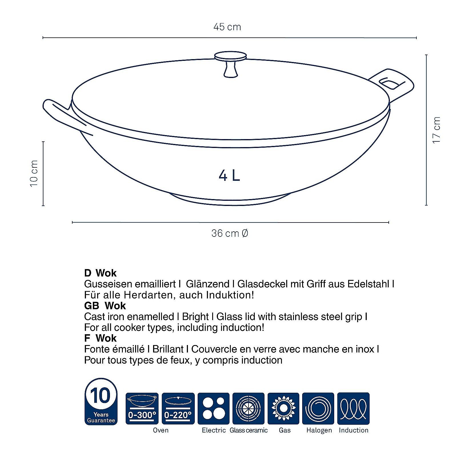 kela Wok Calido, Gusseisen, rau emailliert, hitzebeständiger Glasdeckel bis zu 220°C
