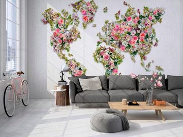 living walls Vliestapete Weltkarte aus Rosen Vlies, glatt, (1 St), Blumige Fototapete Landkarte Floral 4,00m x 2,70m Weiß Grün Rosa