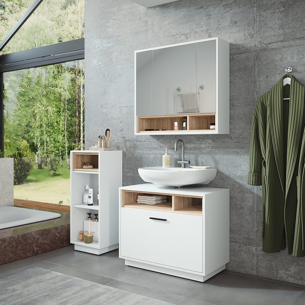 Vicco Badmöbel-Set Beatrice, Weiß/Sonoma, 3 Teile mit Midischrank, (3-St., 3er Set)