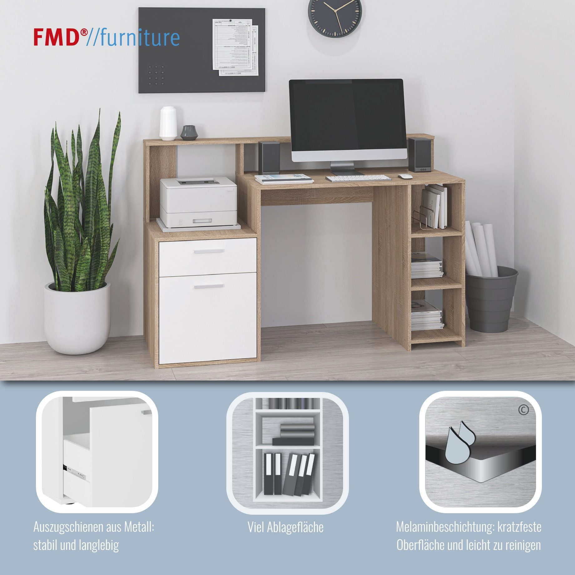 FMD Regal-Schreibtisch Bolton, Schreibtisch mit Stauraum und Ablage, offene Fächer, 138,5 cm breit