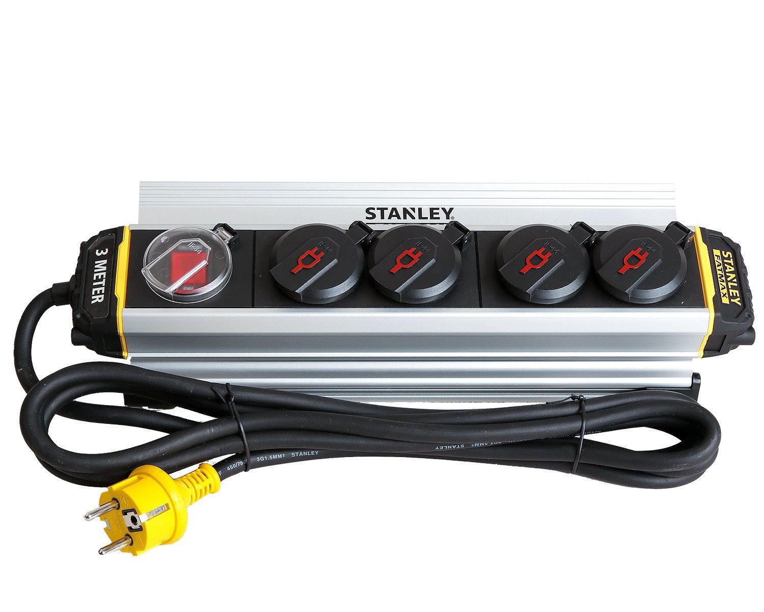 STANLEY ALU Mehrfachstecker 4-Fach Klemme Schalter Mehrfachsteckdose (IP44), Steckdosenleiste IP44 mit Schalter Mehrfachsteckdose Steckerleiste 3m