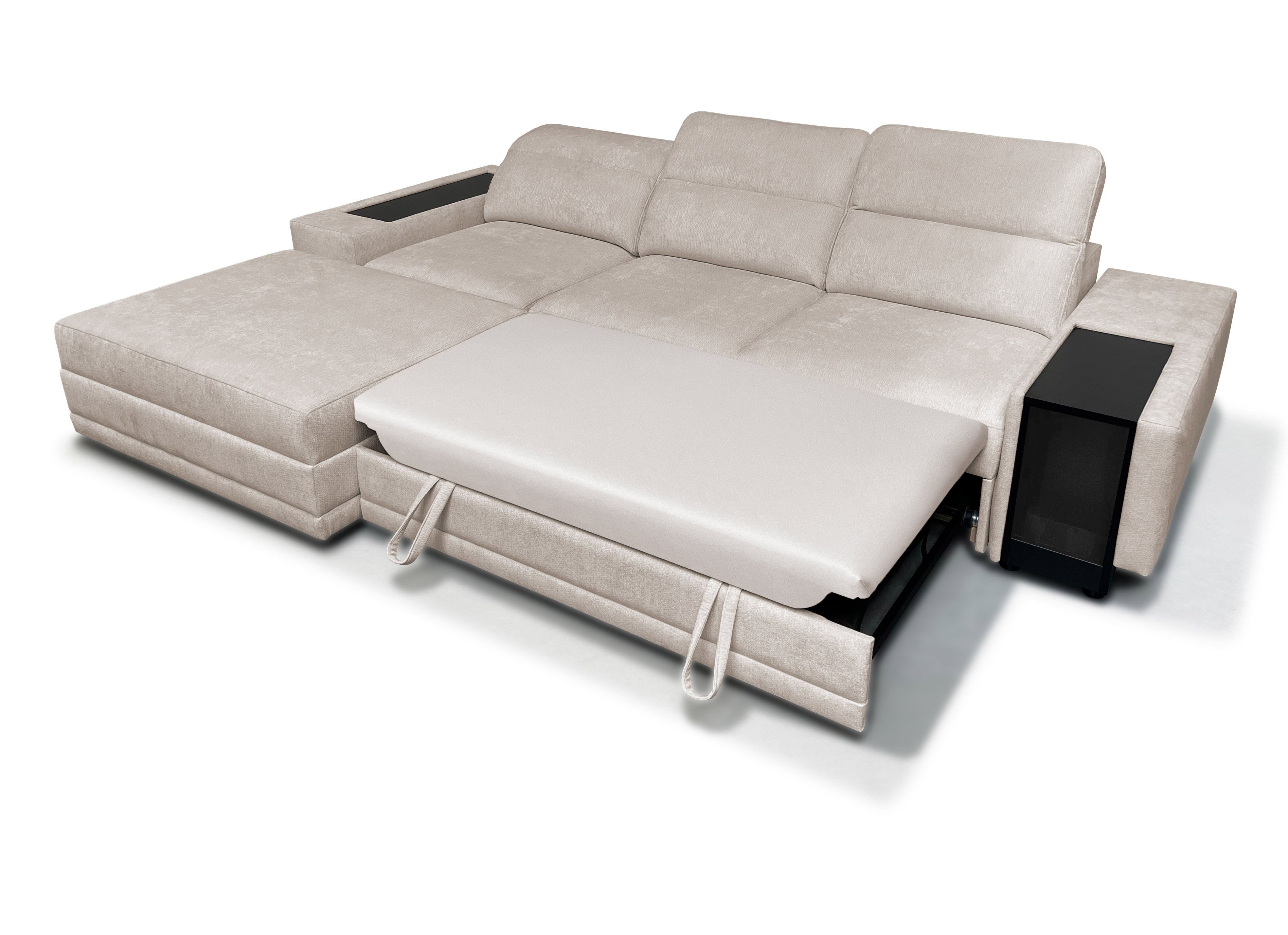 Möbel für Dich Ecksofa Enzo 1 als L-Sofa oder Sofa mit freistehendem Hocker aufstellbar, mit Schlaffunktion, Bettkasten, Minibar und verstellbaren Kopfstützen
