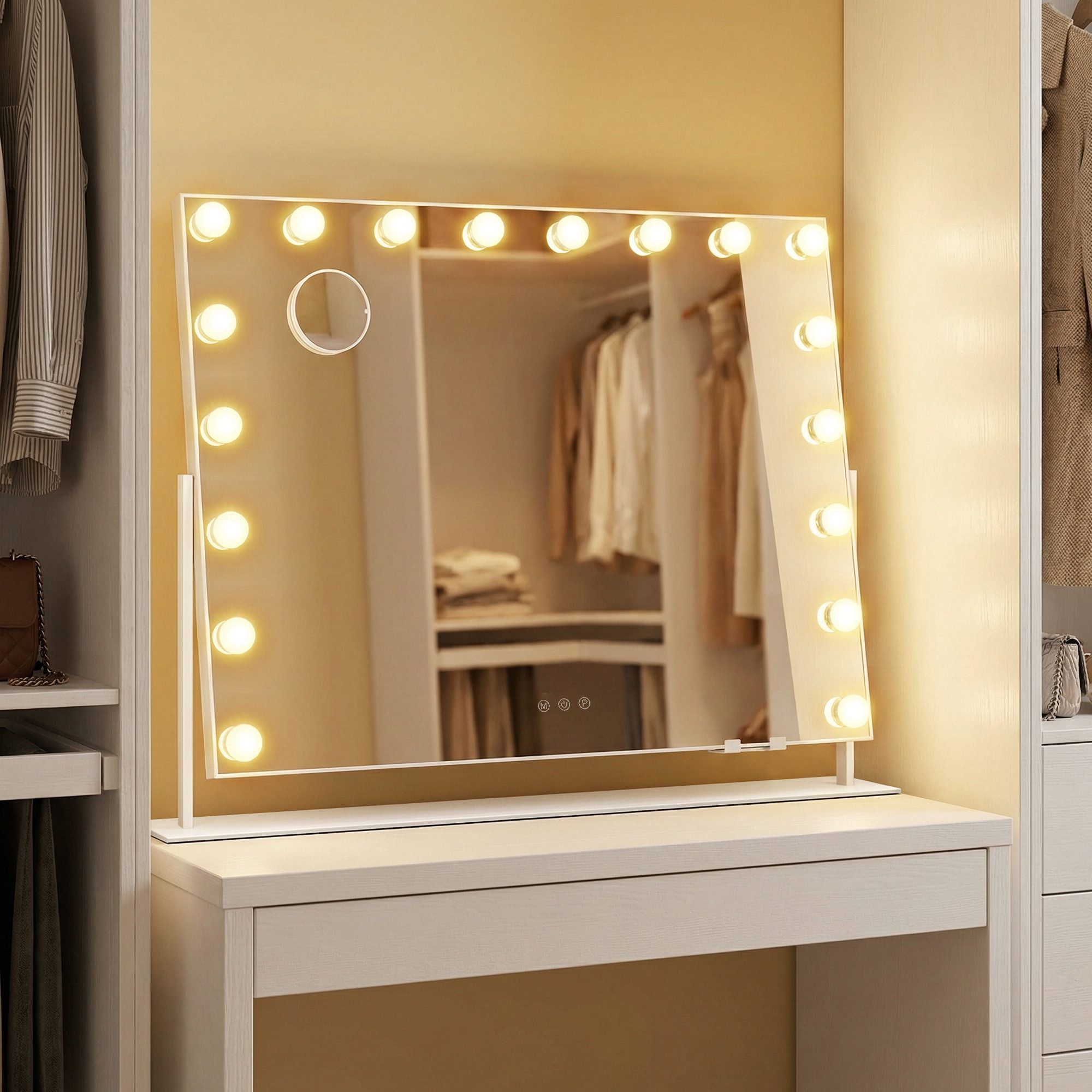 SONGMICS Schminkspiegel mit Beleuchtung, Kosmetikspiegel Touch-Steuerung, dimmbar, Handyhalter, mit 18 LED-Glühbirnen, mit USB-A und USB-C, 80 x 60 cm – Bild 3 von 5
