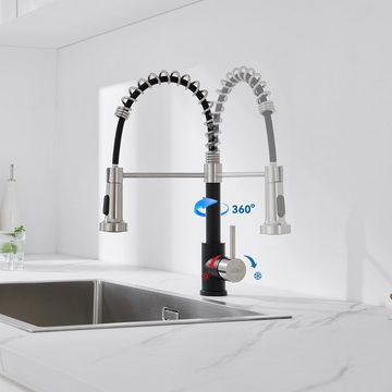 AuraLum pro Spültischarmatur Ausziehbar Wasserhahn Küche Spiralfederarmatur 2 Strahlarten Schwarz 360° drehbar Küchenarmatur